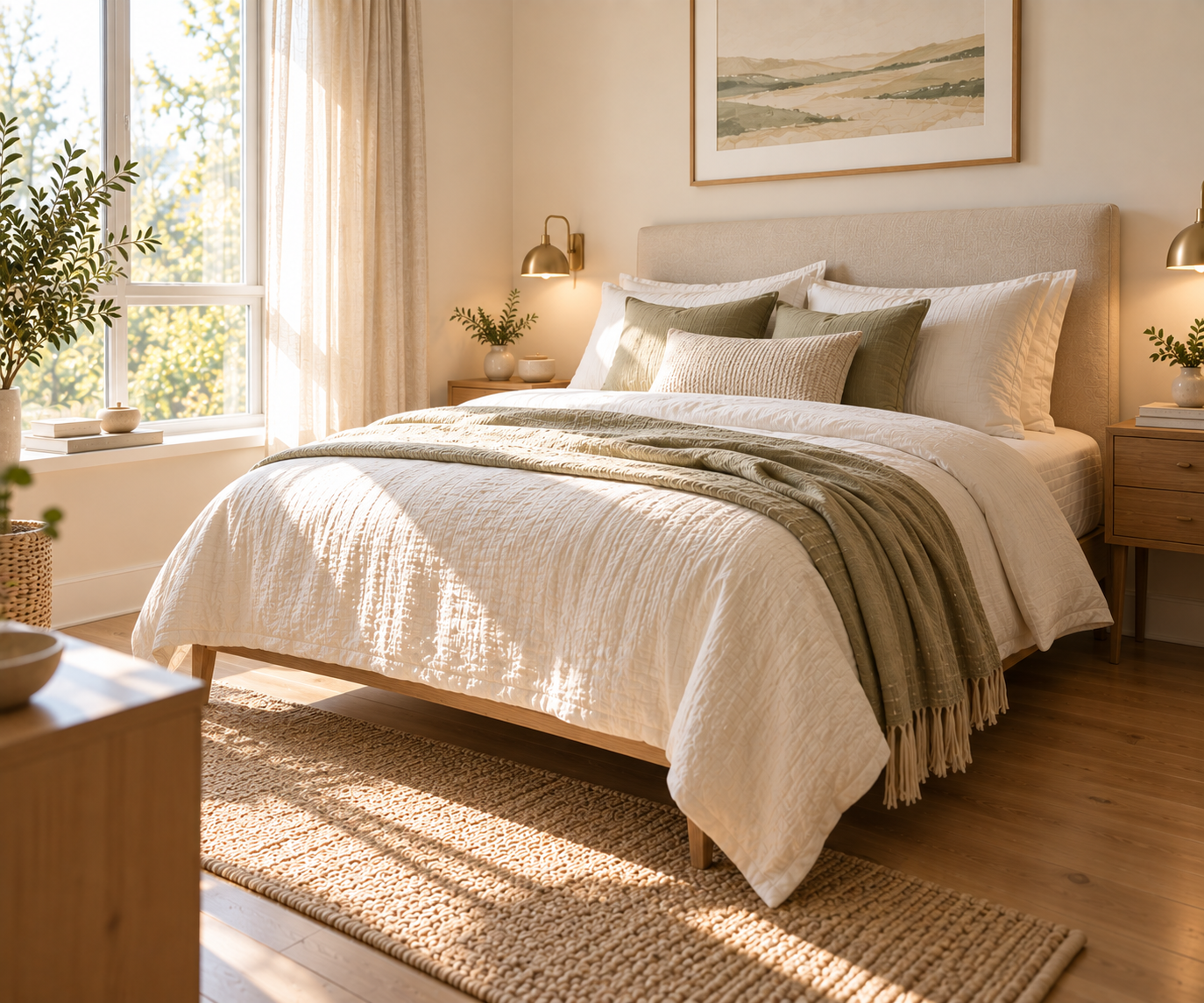 Bright bedroom with a wood-framed bed on visible tapered legs, a three-drawer wood nightstand, a brass wall sconce, a landscape painting above the headboard, and a jute rug
