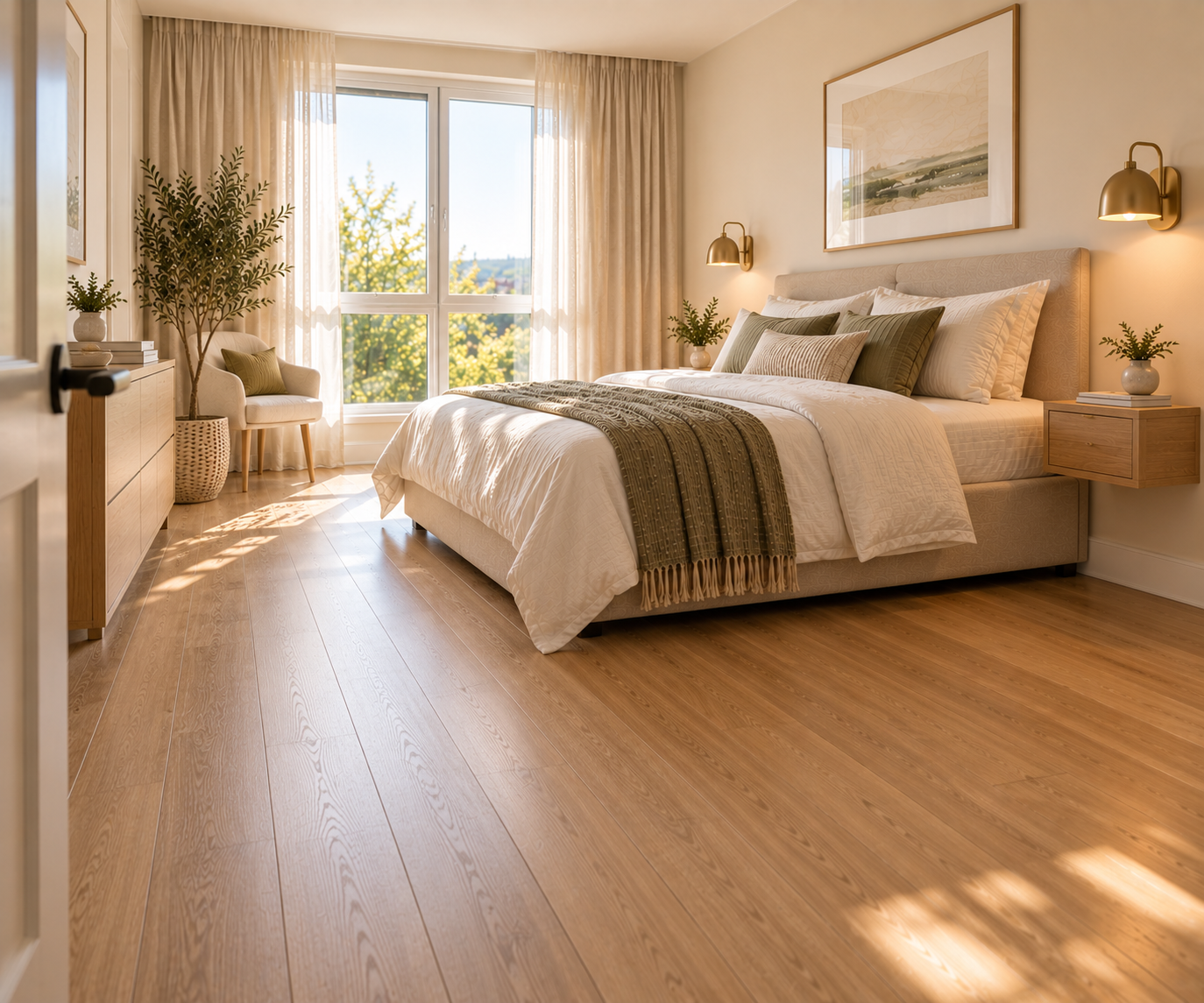 Bedroom viewed from an open doorway with warm wood flooring, a floor-to-ceiling built-in wardrobe, brass wall sconces flanking the bed, sheer and linen curtains, and a landscape painting above the headboard
