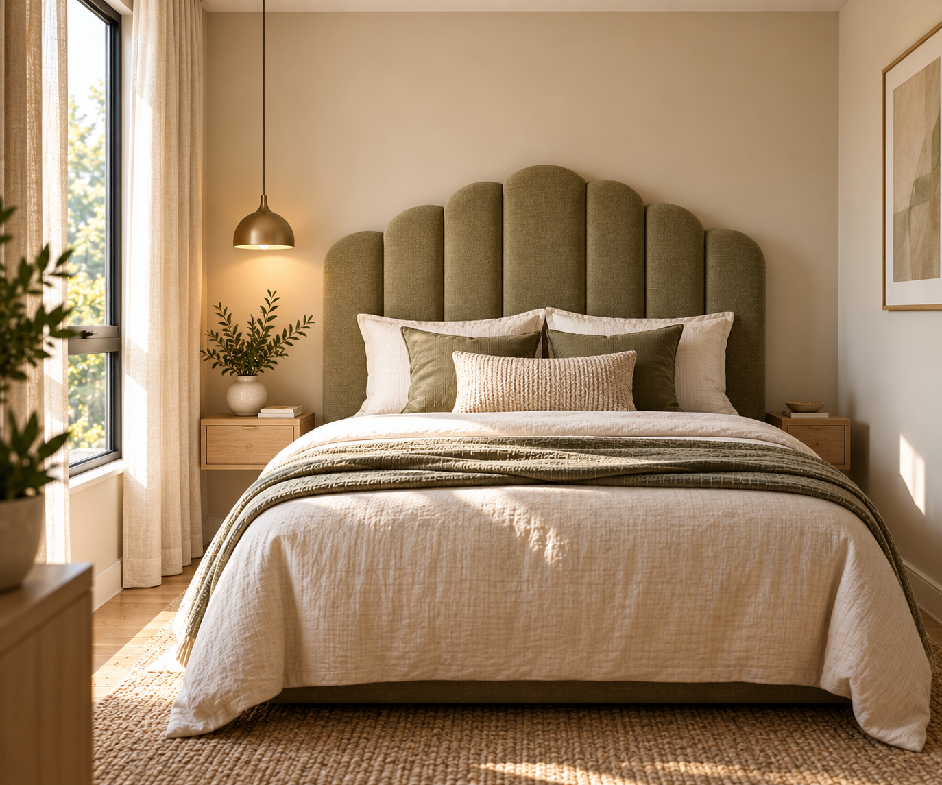 Bedroom with a scalloped, arch-topped olive green upholstered headboard, cream and olive pillows, a brass pendant light on a cord, wood floating nightstands on either side, and a window with sheer curtains