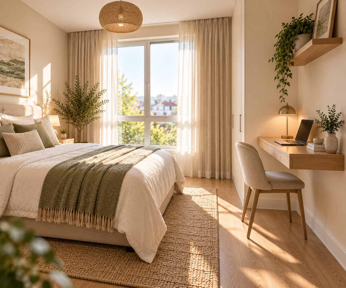 Bedroom corner with a wall-mounted floating desk holding a laptop, a woven upholstered chair, a round woven pendant light overhead, a floating wall shelf with a trailing plant, and a window with sheer curtains overlooking rooftops