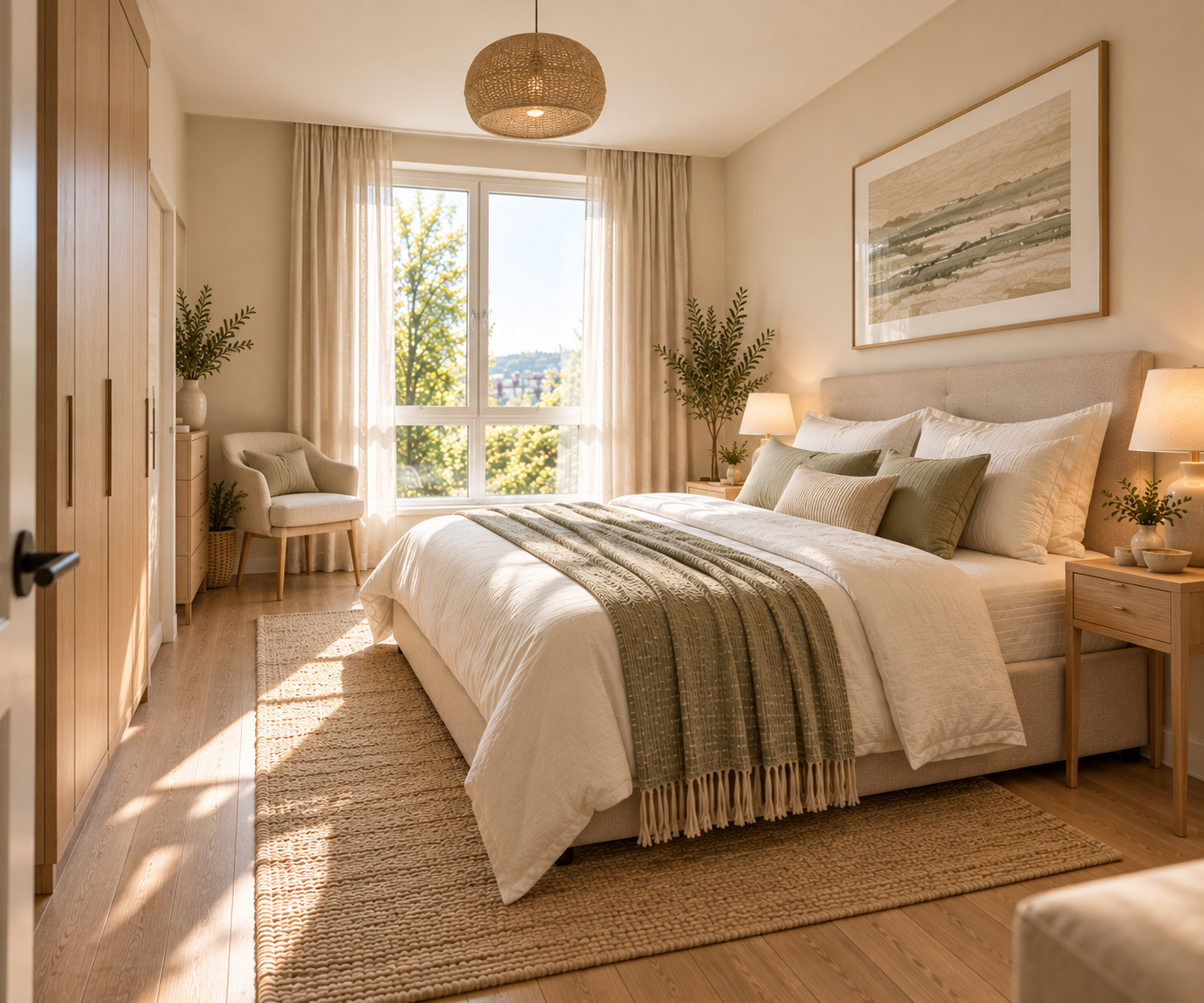 Bedroom with a woven rattan pendant light, a floor-to-ceiling built-in wardrobe, sheer and linen curtains framing a window, an upholstered armchair, and a landscape painting above the bed