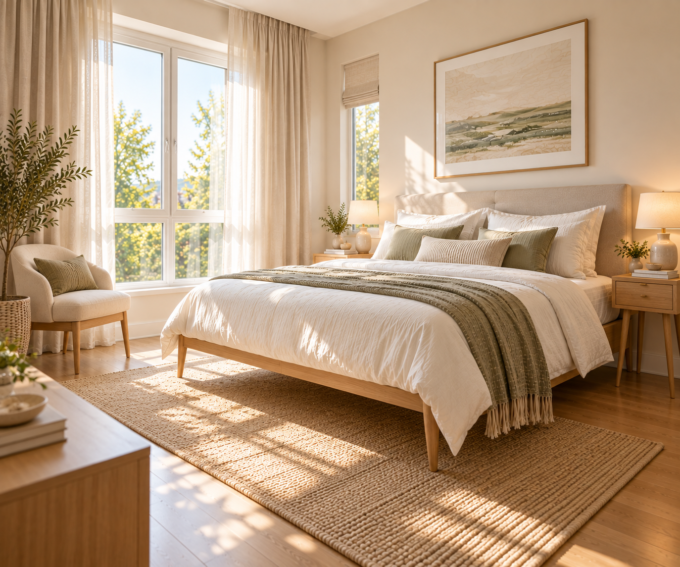 Bedroom with a wood-framed bed on visible legs, a landscape painting above the headboard, a roman shade on a small window beside a larger sheer-curtained window, a ceramic table lamp, and a jute rug