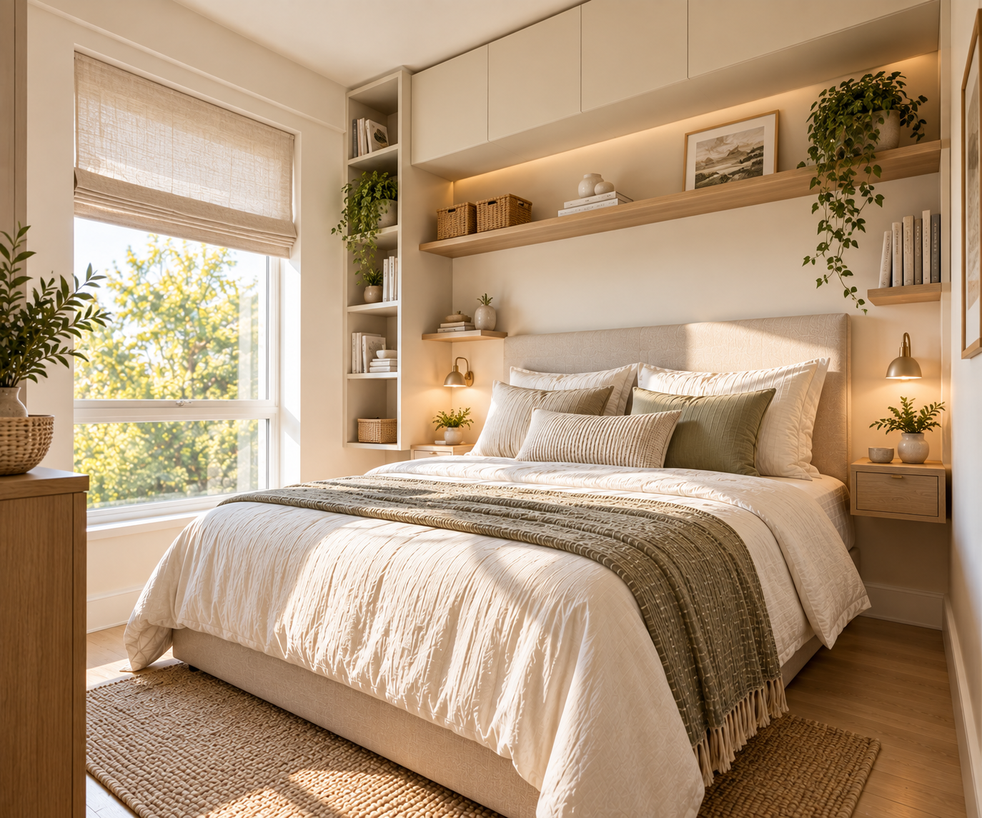 Bedroom nook with floor-to-ceiling built-in cabinetry above the bed, open wood shelving with woven storage baskets, books and trailing plants, warm under-shelf lighting, brass wall sconces, and floating wood nightstands