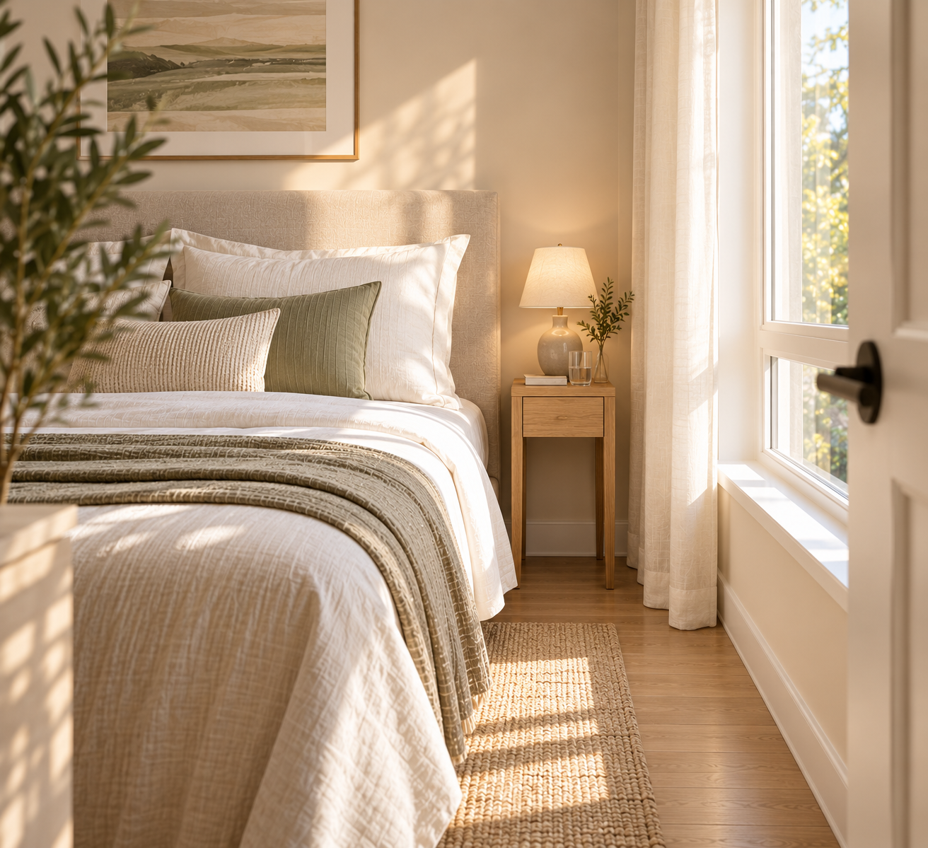 Close-up of a wood nightstand beside the bed with a single drawer, a ceramic table lamp, a glass of water, a small potted plant, and a book, next to sheer curtains and an open door