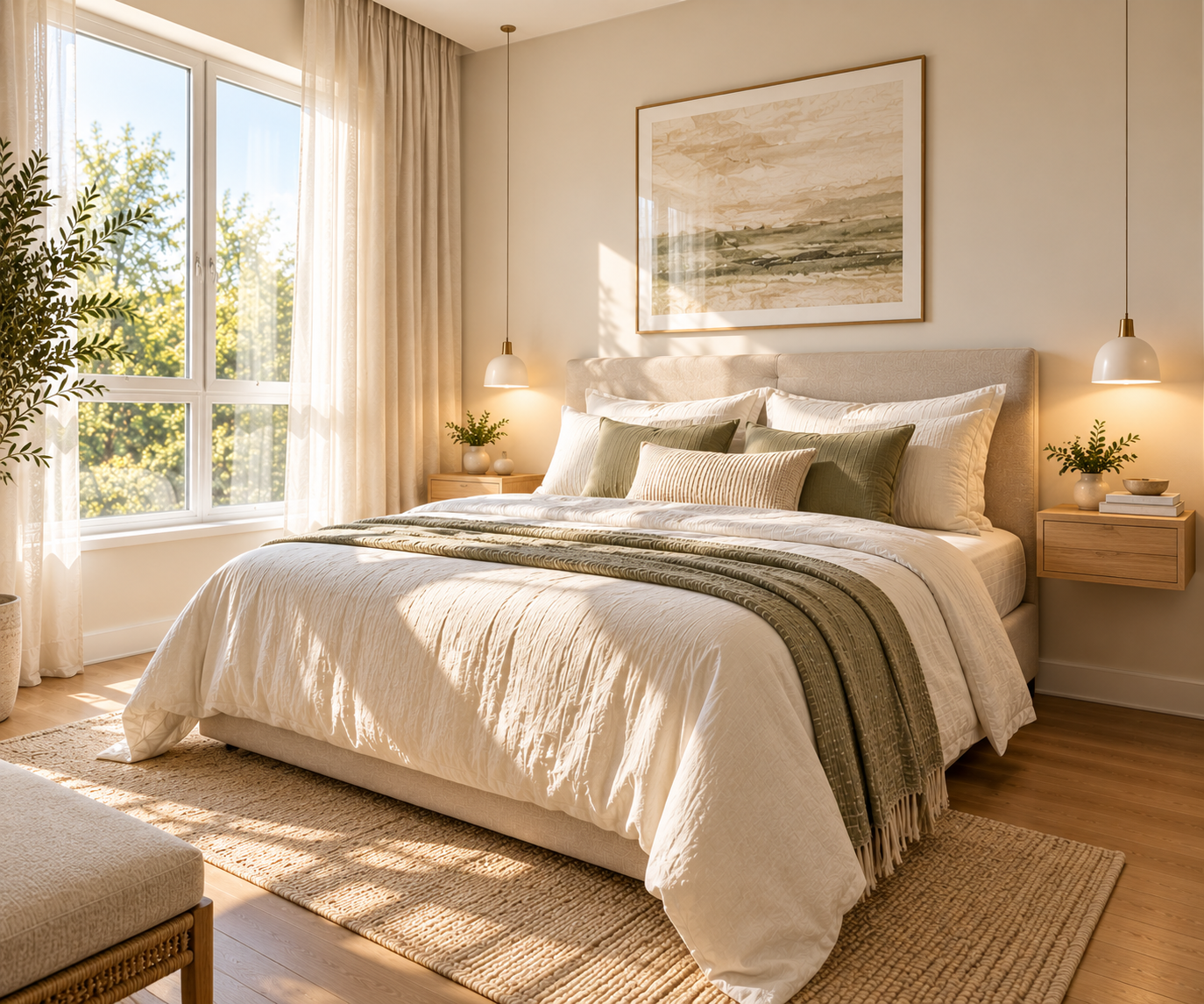 Bedroom with two brass pendant lights hanging on cords above matching floating wood nightstands, cream and olive green pillows, a landscape painting above the headboard, and sheer curtains by the window
