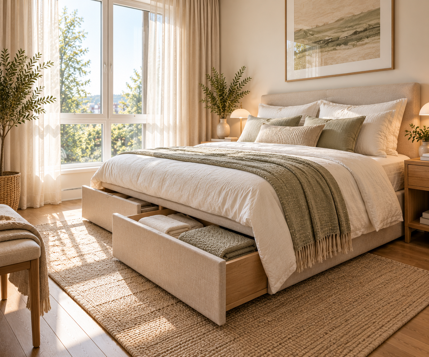 Storage bed with a large pull-out drawer beneath the mattress, filled with folded neutral and olive green linens, in front of a bed with cream bedding and an olive throw, beside a window with sheer curtains and potted plants