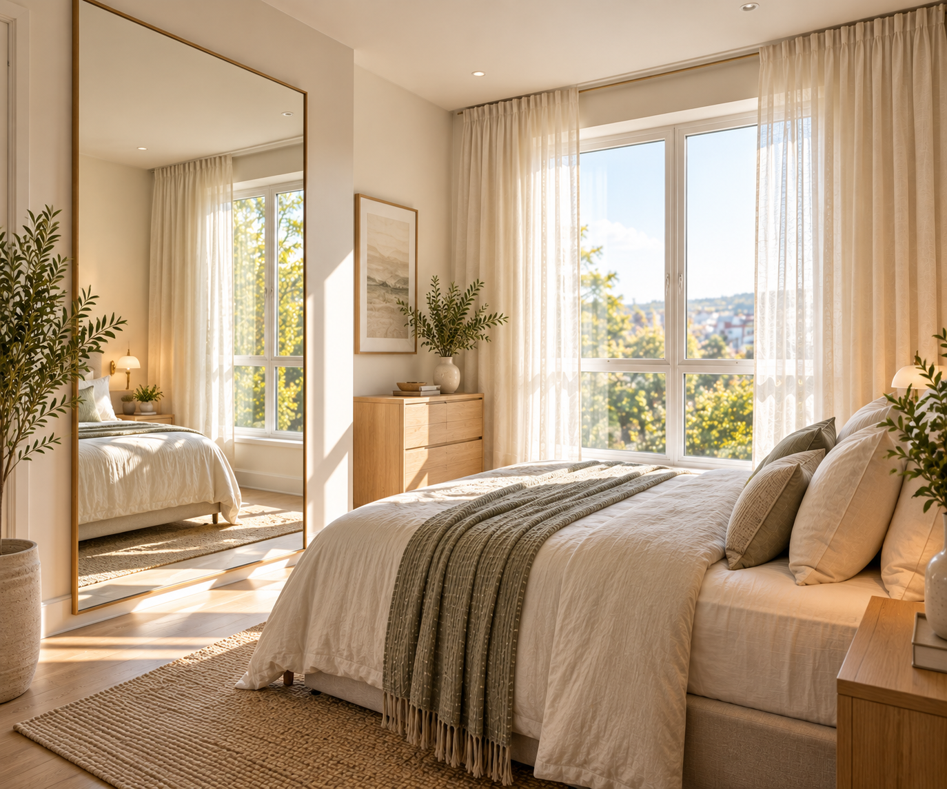 Bedroom with a tall rectangular mirror leaning against the wall reflecting the room, a wood dresser with potted plants and a decorative bowl, and a bright window with a view of the sky and rooftops