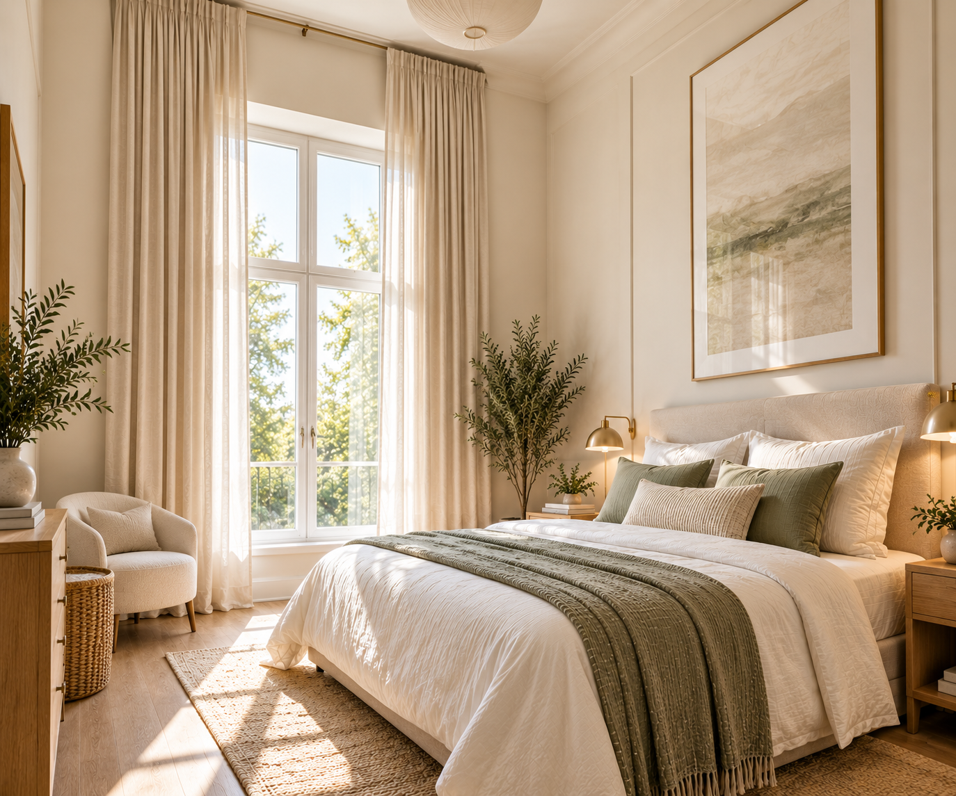 Tall bedroom with a floor-to-ceiling window, curtain rod mounted near the ceiling with sheer and linen drapes falling to the floor, a landscape painting above the bed, wall sconces, and a cream armchair