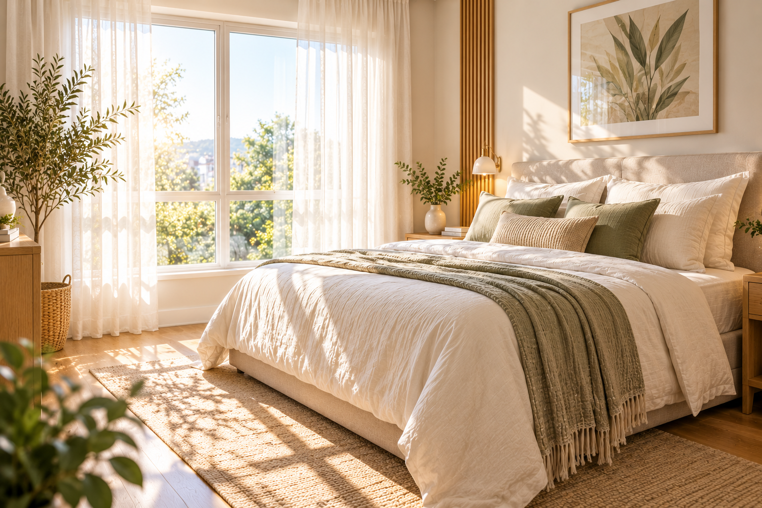 Bedroom with a vertical wood slat accent panel behind the headboard, a round paper pendant light, a botanical leaf print above the bed, a wall sconce, and sheer curtains by a window