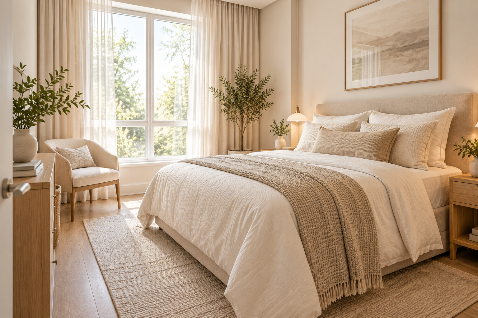 Simple, uncluttered bedroom with all-neutral cream and beige bedding, a plain upholstered headboard, a matching armchair, a potted plant, and sheer curtains by an open door