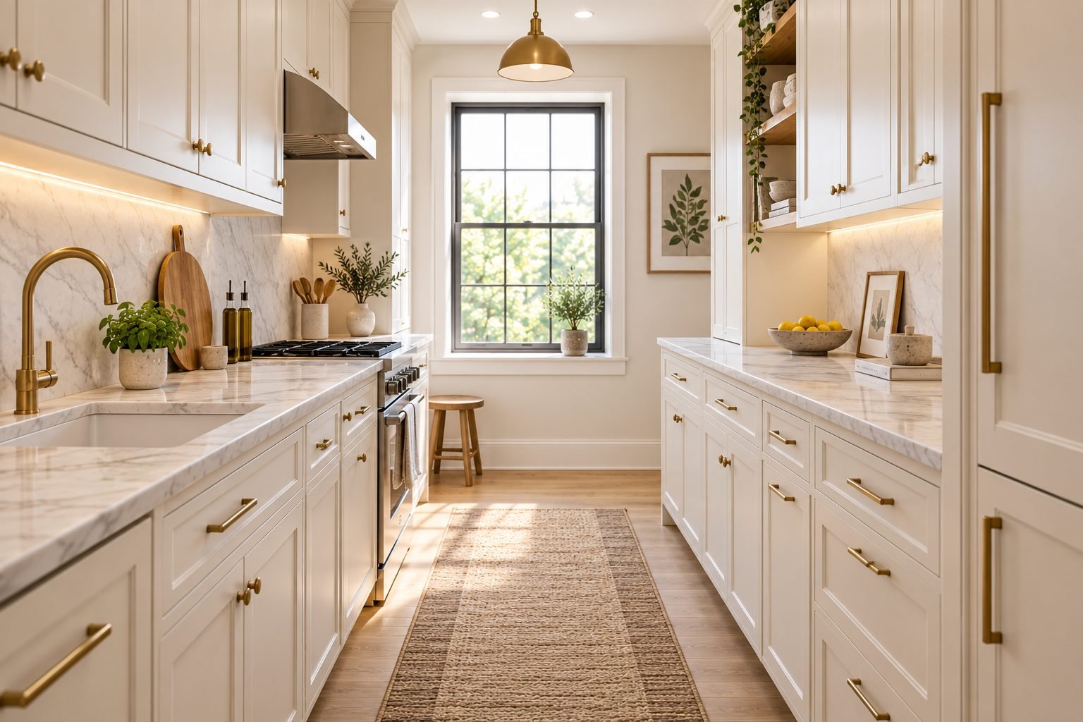 A small galley kitchen with warm white cabinetry, brass hardware, and a marble countertop, filled with soft morning light