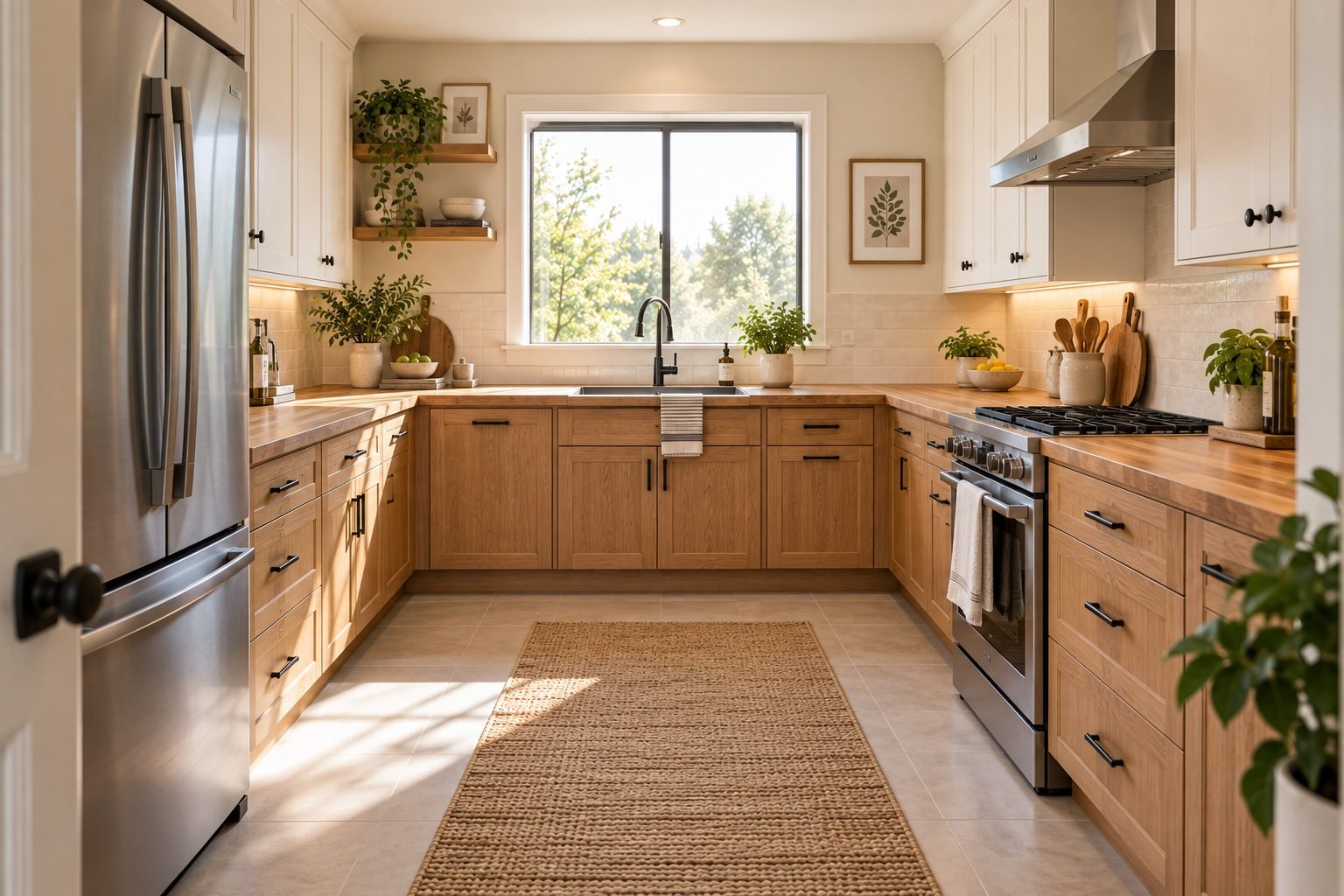 A small galley kitchen with the sink, stove and refrigerator arranged in a tight, efficient triangle with clear counter space between each
