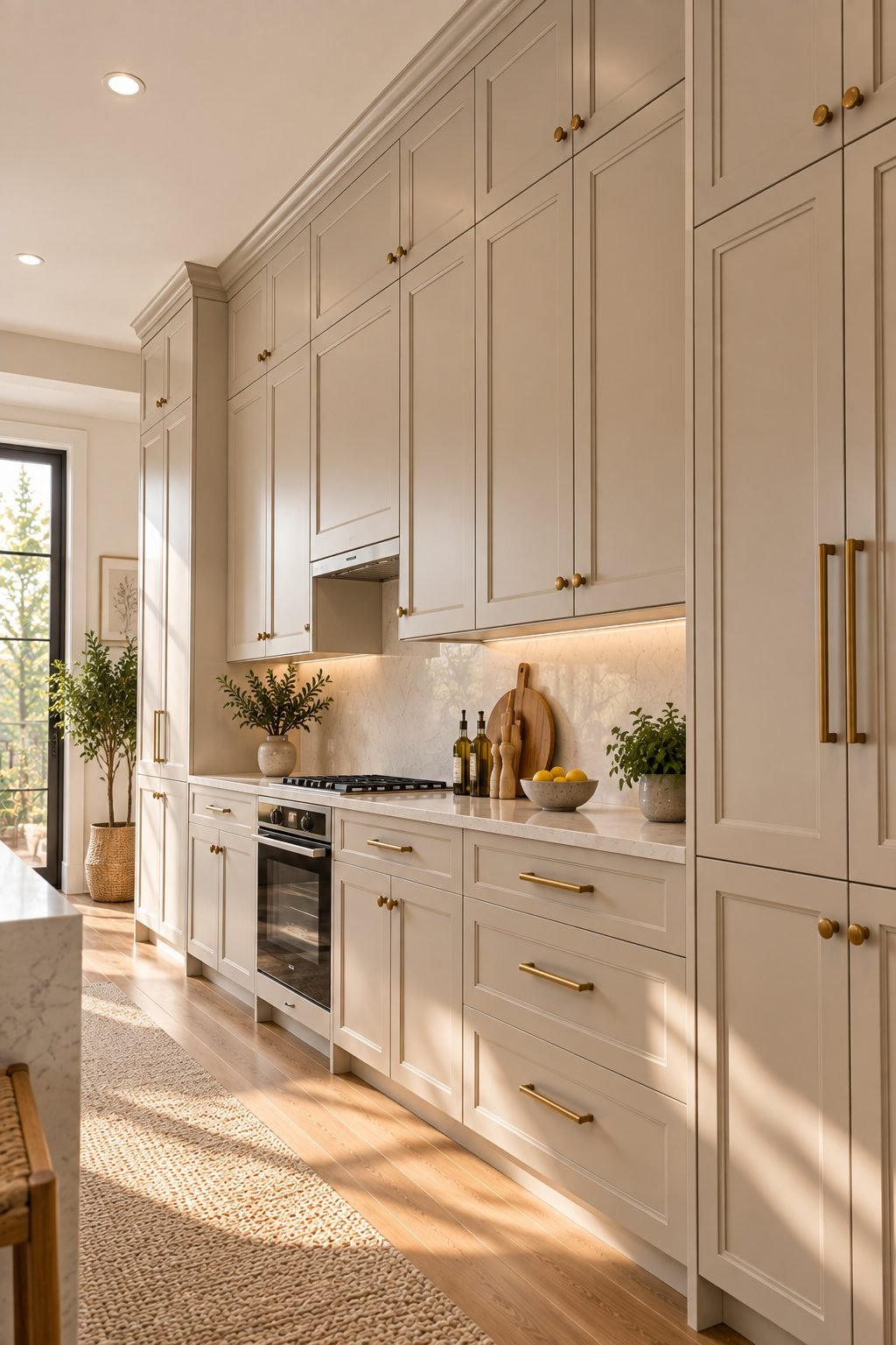 A small kitchen with upper cabinets extending all the way to the ceiling, eliminating the dust-collecting gap above and adding storage capacity