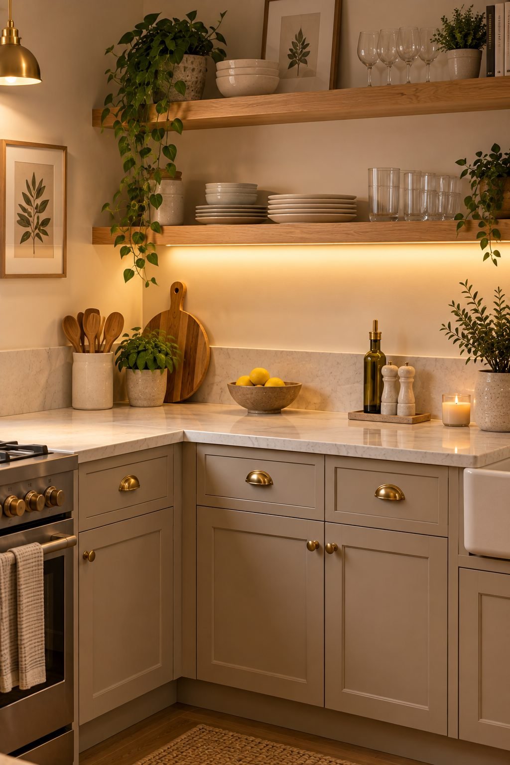 A small kitchen with one section of open wood shelving holding a few plates and glasses, next to closed cabinetry that hides the rest of the storage