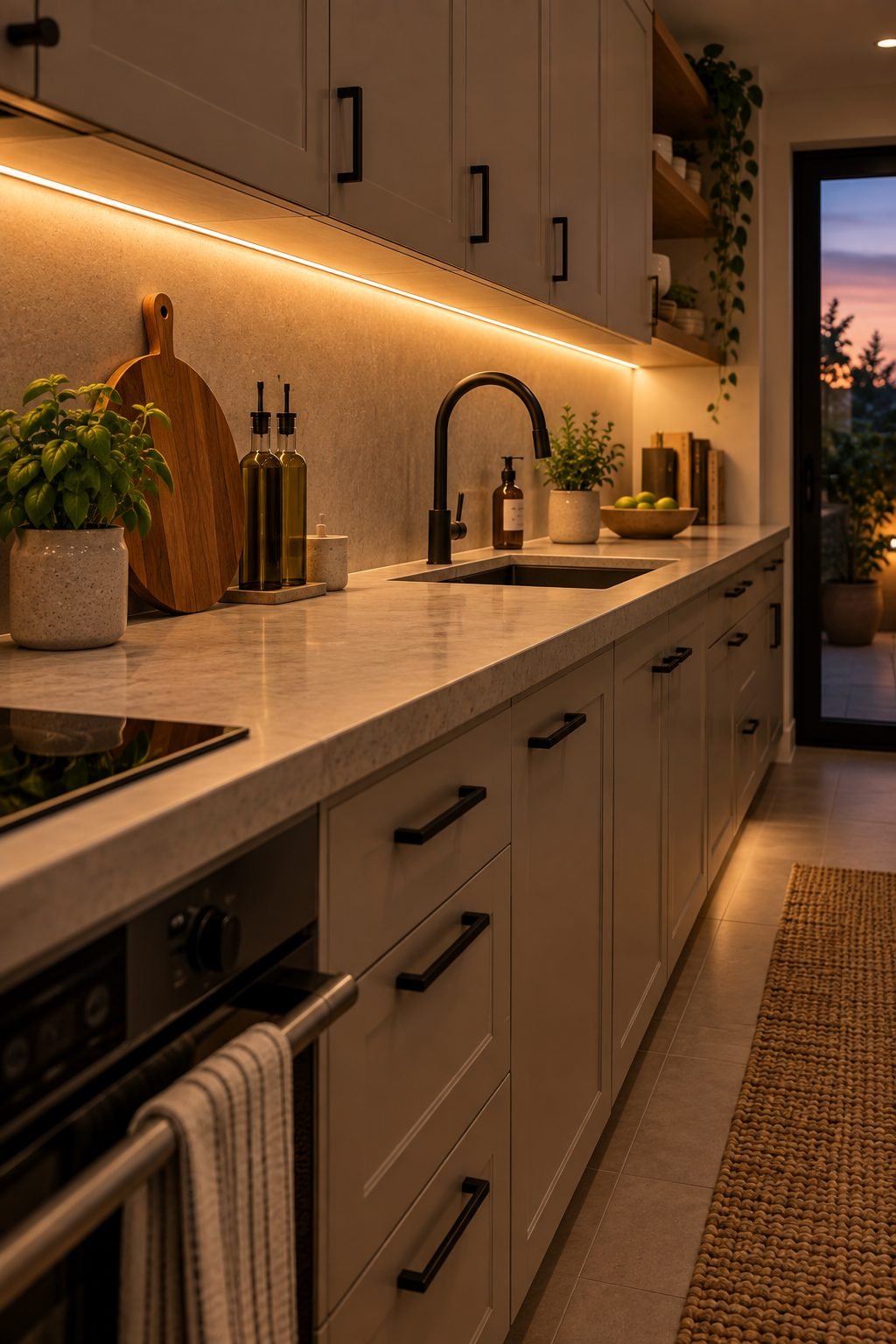 A small kitchen counter lit by a warm strip of under-cabinet lighting, illuminating the backsplash and worktop in the evening
