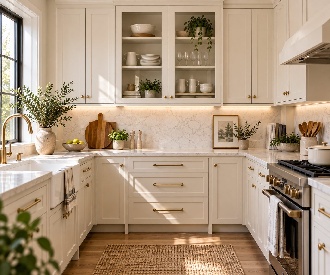 A small kitchen with two glass-front upper cabinets showing neatly arranged white dishware, breaking up a run of solid cabinetry