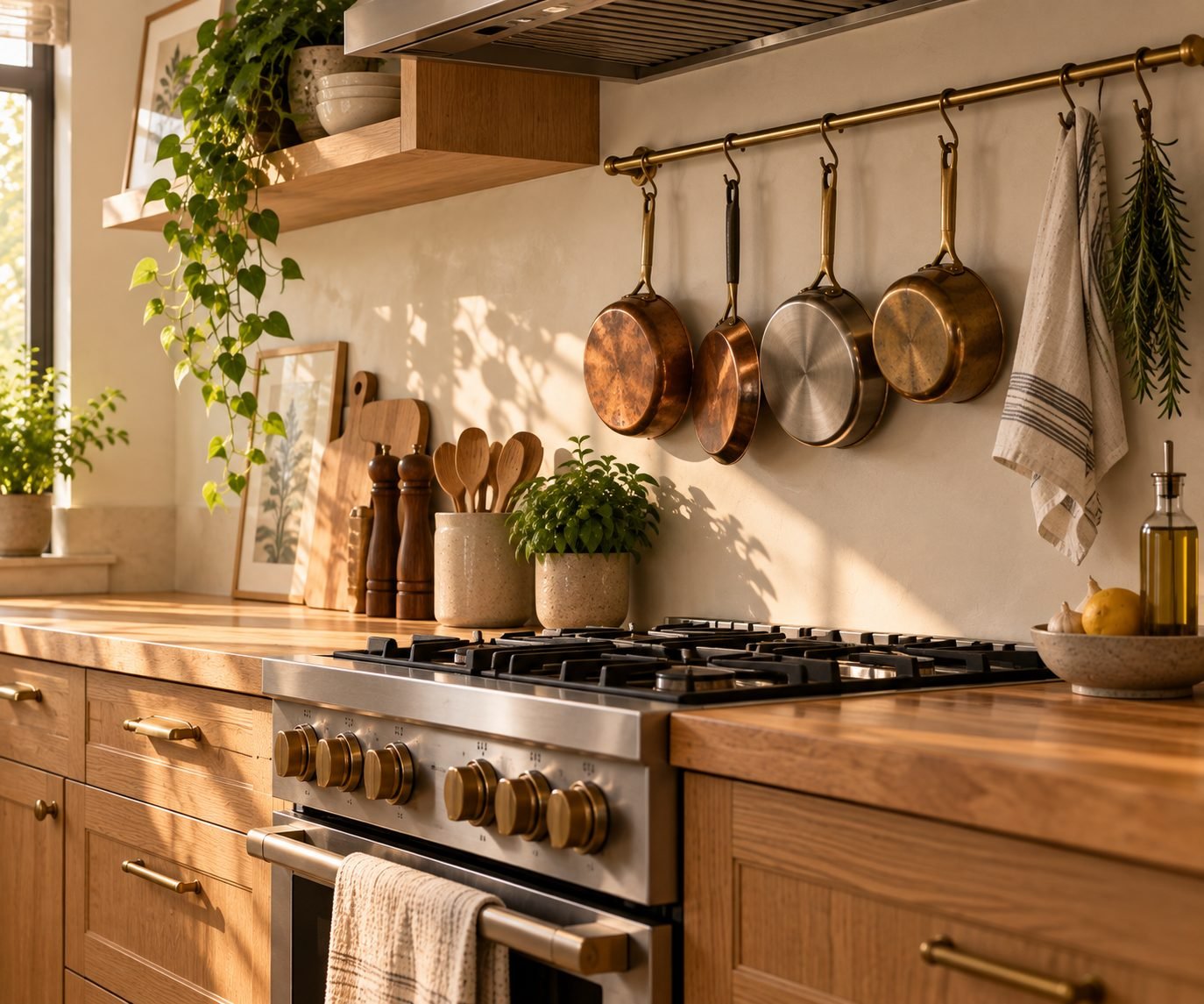 A wall-mounted pot rail above a small kitchen counter holding pots and pans, freeing up the deep drawer space below