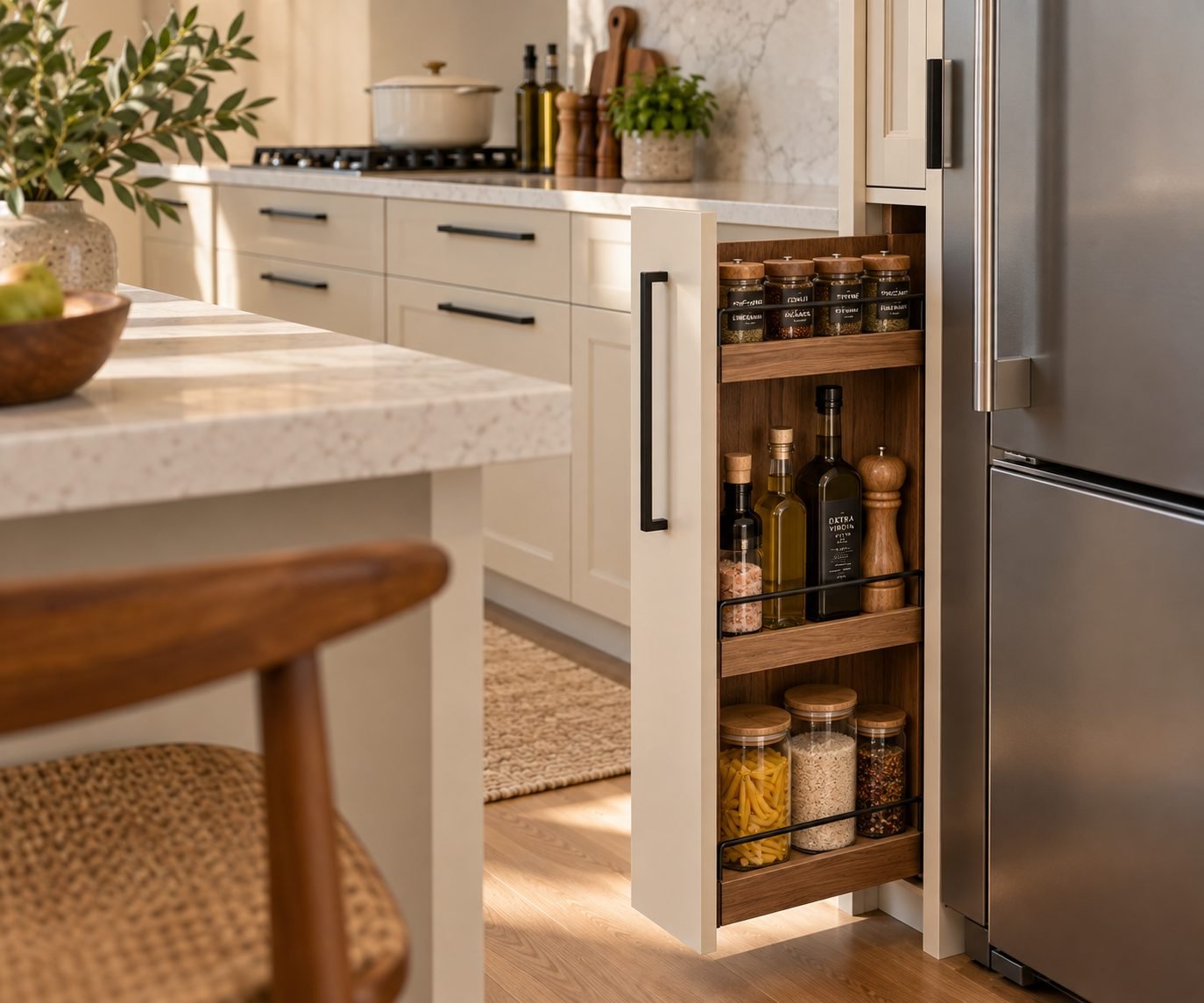A narrow vertical pull-out cabinet fitted into the gap between a refrigerator and the wall in a small kitchen, storing spices and oils