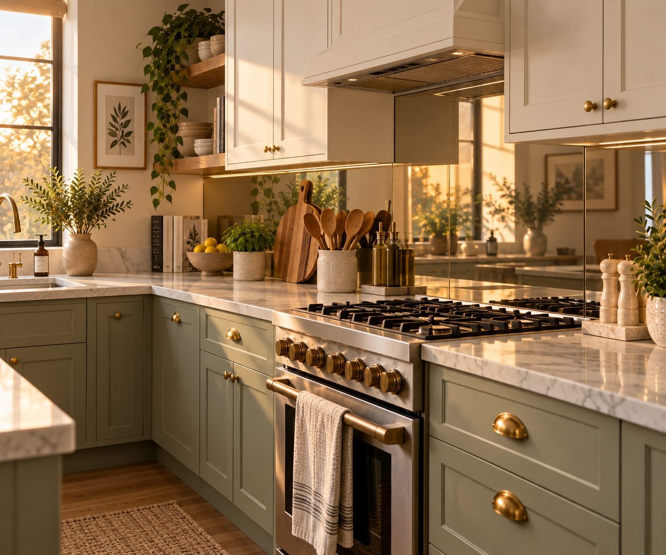 A small kitchen with a mirrored backsplash panel behind the stove reflecting light from a nearby window and adding a sense of depth