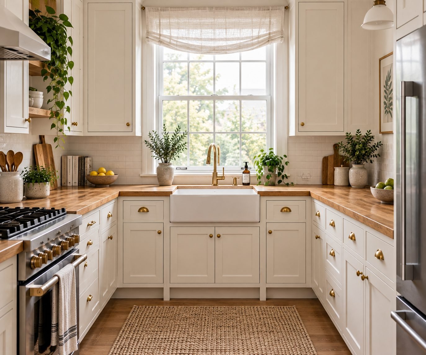 A small kitchen sink positioned under a window with sheer curtains pulled back fully to let in maximum daylight