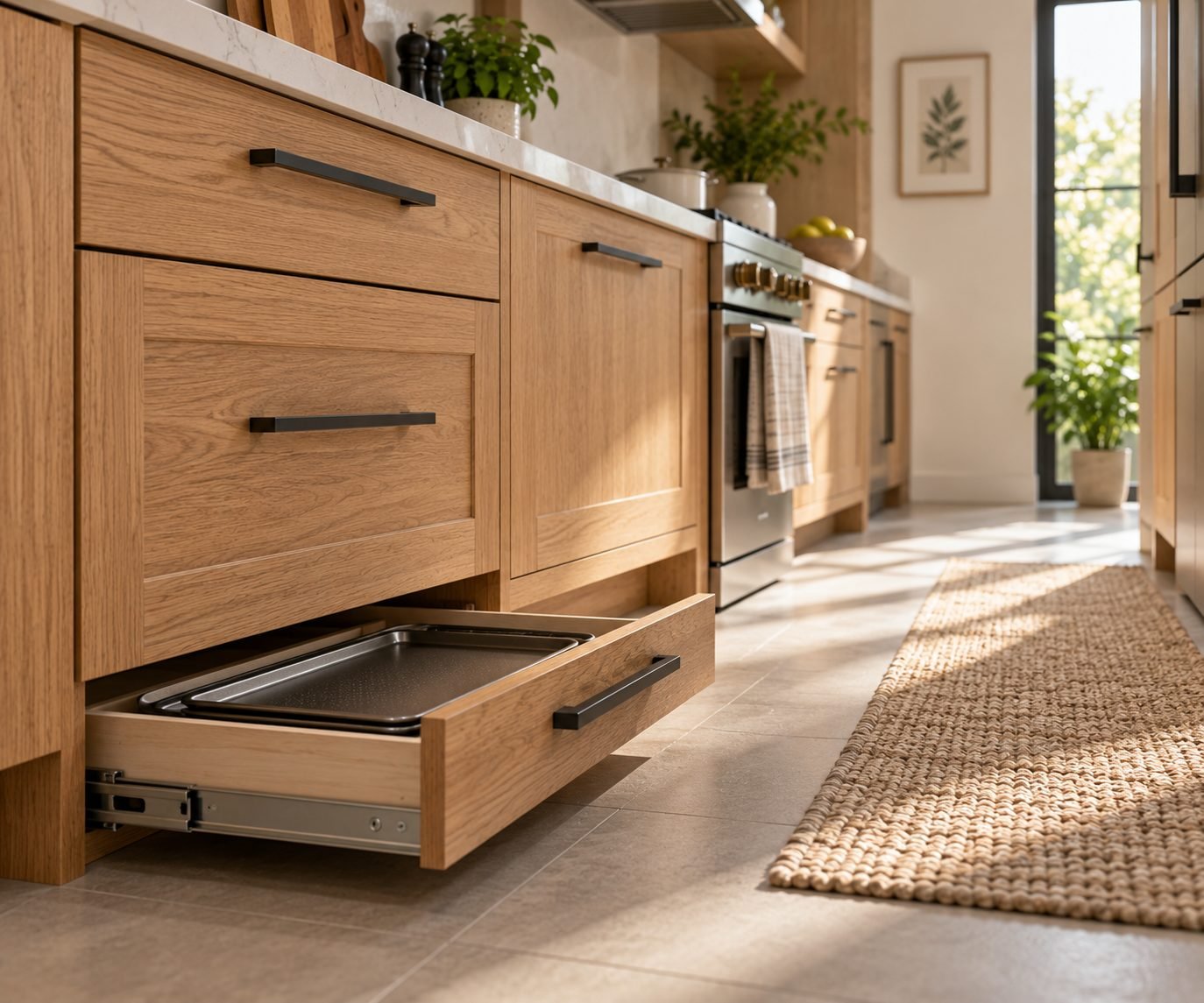 A slim pull-out drawer built into the toe-kick space beneath lower kitchen cabinets, storing baking sheets