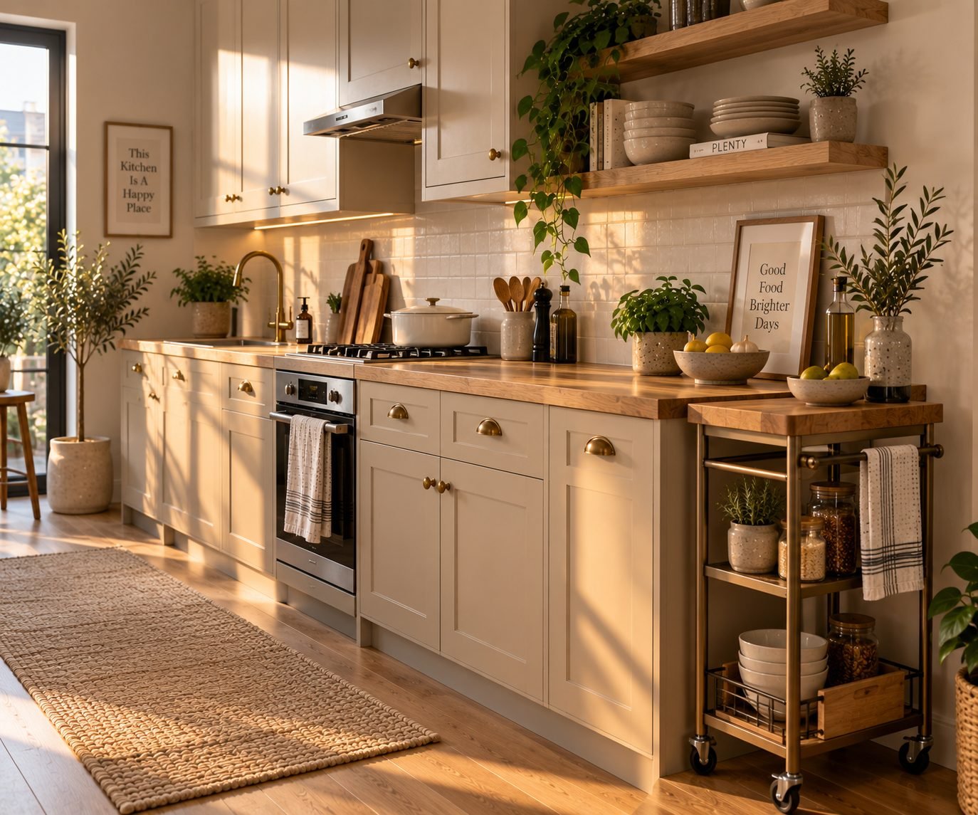 A slim rolling utility cart with butcher block top parked at the end of a small kitchen counter, adding extra workspace