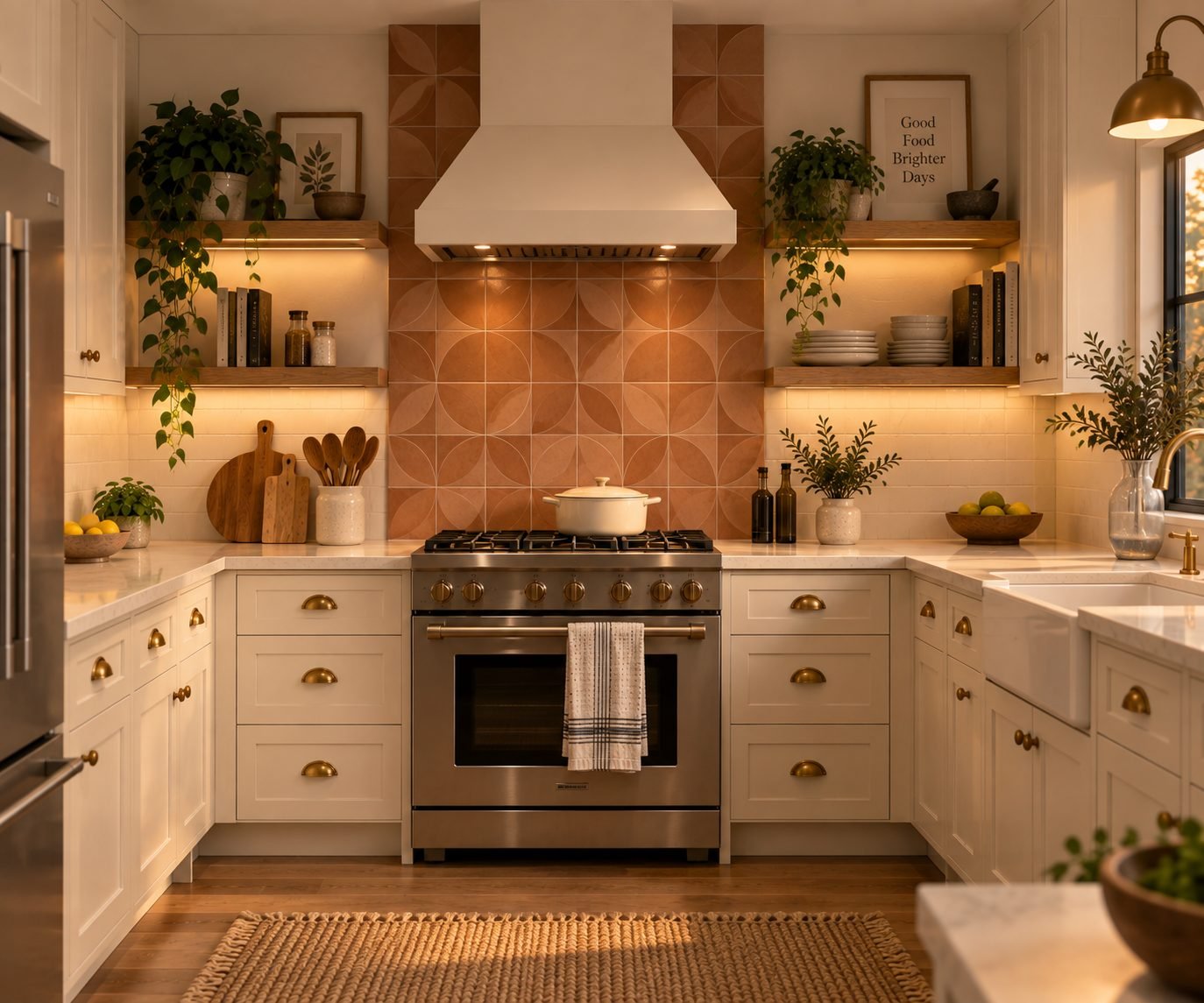A small kitchen with a single statement element, a patterned tile backsplash behind the stove, surrounded by otherwise simple, quiet finishes