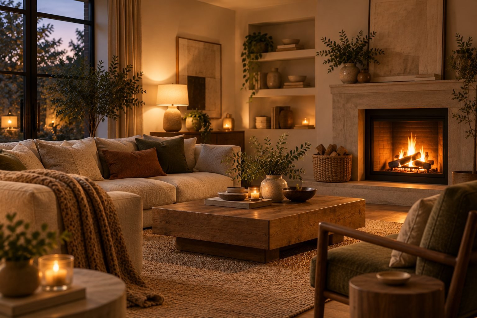 A cozy living room with a lit fireplace, a deep sofa, and warm lamp light, everything soft and inviting