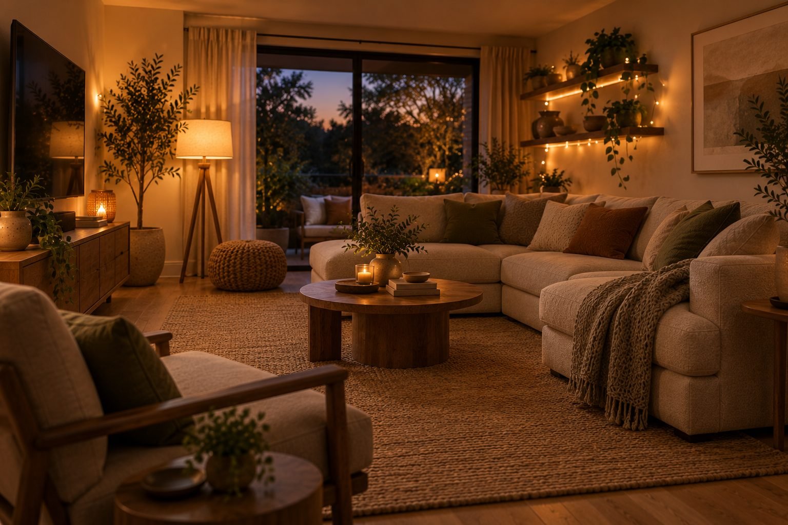 A cozy family room lit by a floor lamp and string lights instead of a single overhead fixture, warm and dim in the evening