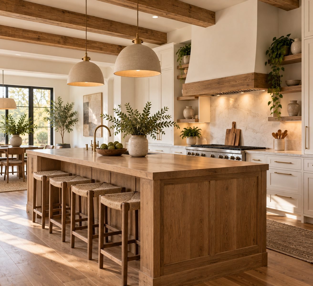 A kitchen with exposed wood ceiling beams and a wood island, adding natural warmth to an otherwise white kitchen