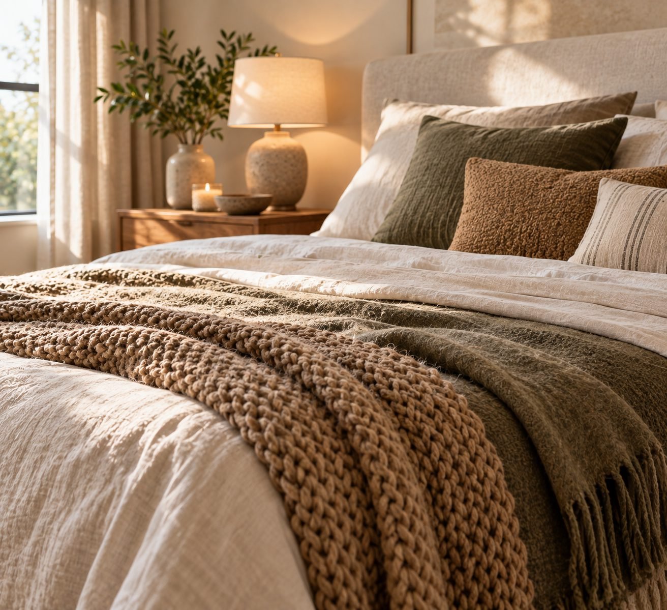 A bed layered with a chunky knit throw, linen sheets, and a wool blanket in warm neutral tones