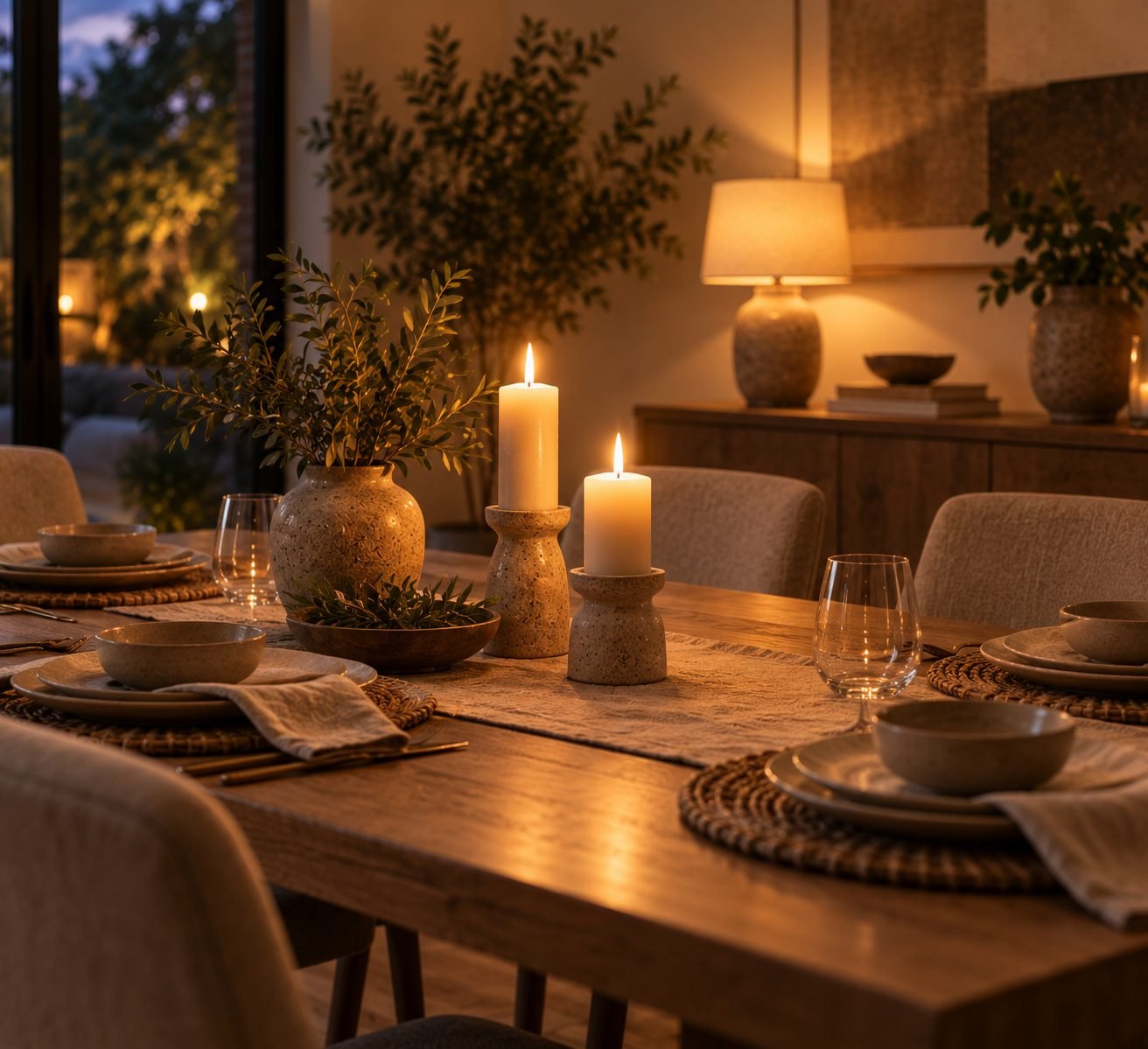 A dining table set with two lit candles in ceramic holders, adding warm flickering light to an evening meal