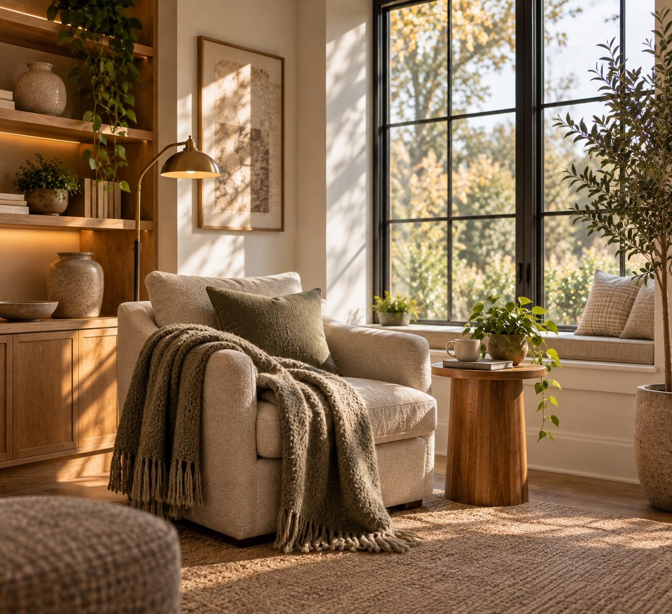 A window nook with a soft armchair, a folded wool throw, and a small side table, set up as a dedicated cozy reading corner