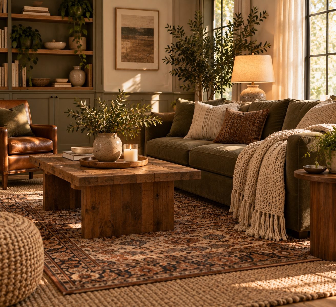 A den with a patterned vintage-style rug layered over a larger jute rug, and a knit throw draped over the arm of a sofa