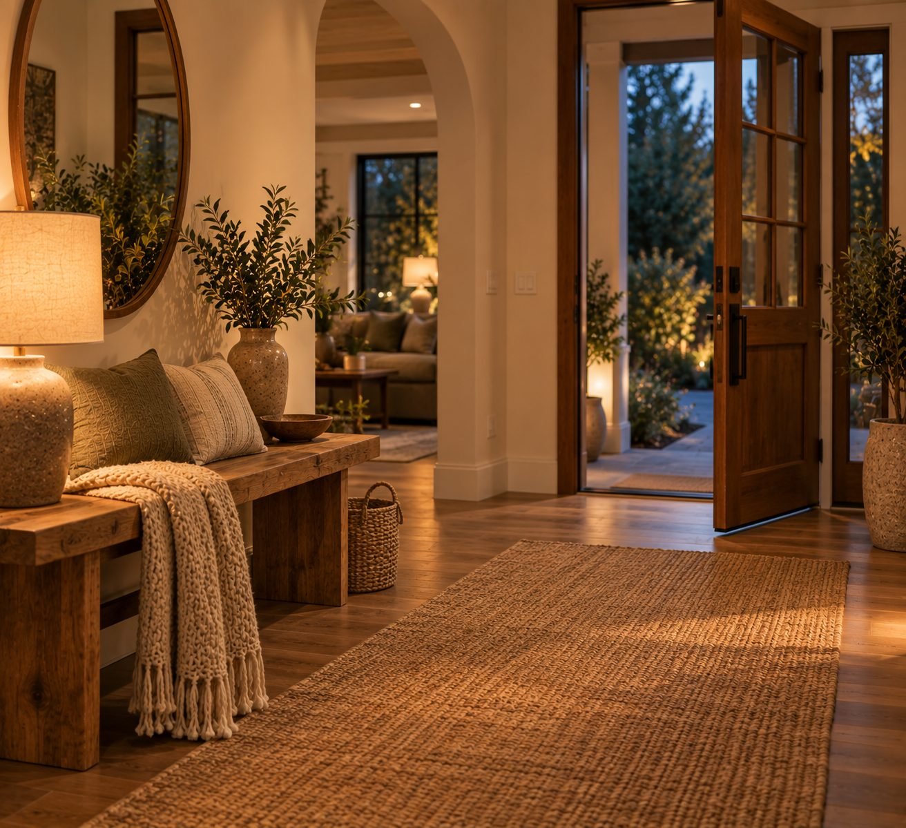 A warm entryway with a bench, a soft throw, and a small lamp lit, creating a welcoming transition space just inside the front door