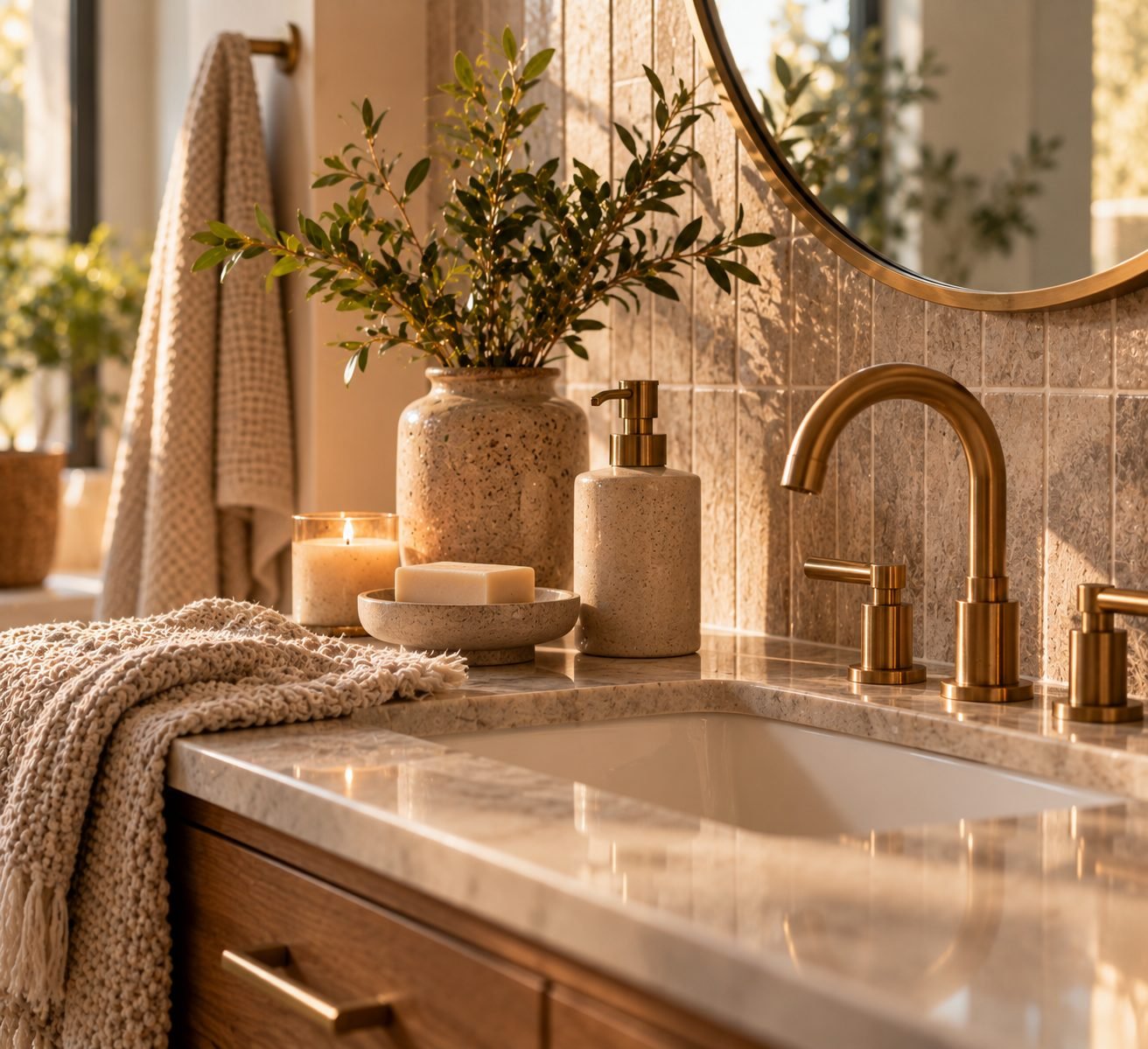 A bathroom vanity close-up showing warm brass fixtures and a soft ceramic soap dish instead of cool chrome hardware