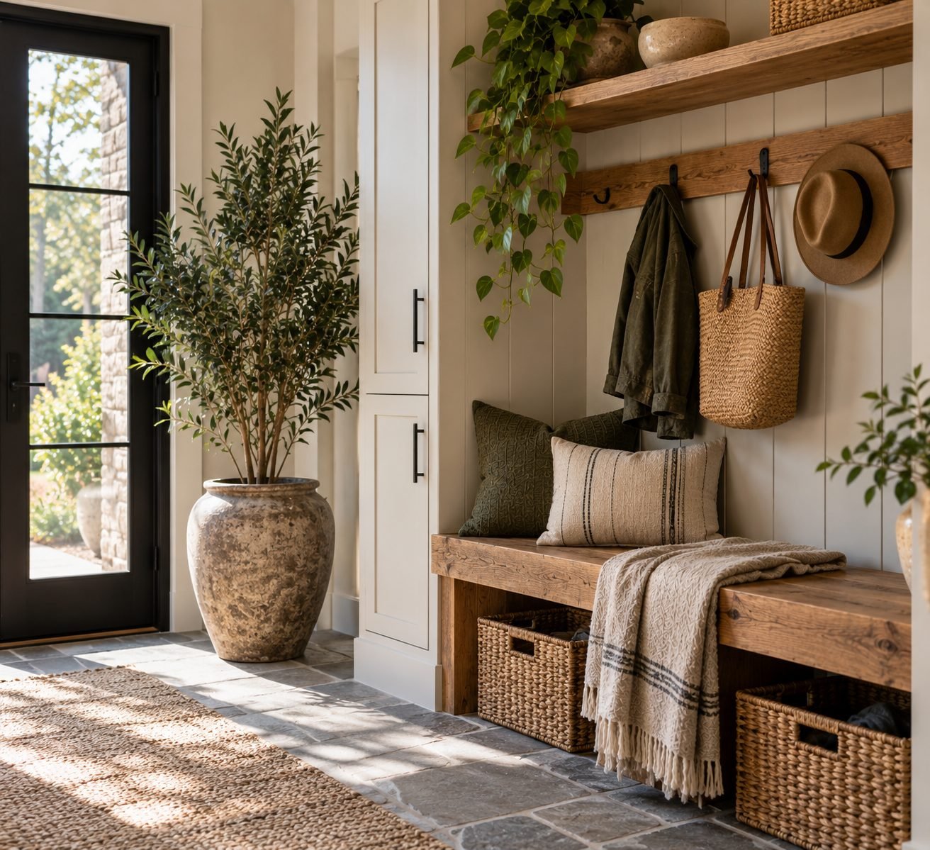 A mudroom corner with stone flooring, a wood bench, and a large potted plant, connecting the indoors to the natural materials outside