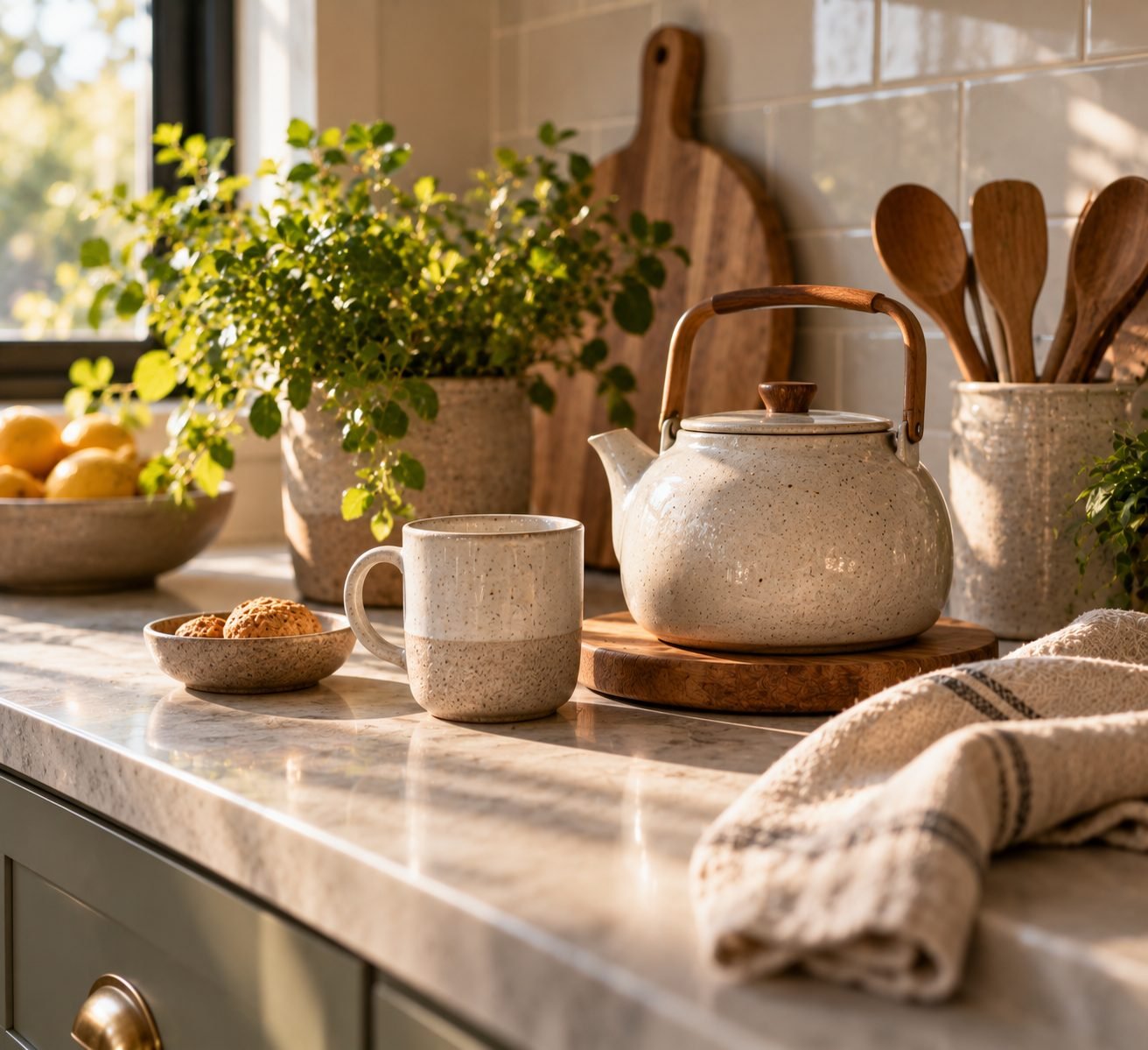 A kitchen counter with a ceramic kettle set out and ready, next to a mug and a small dish, in soft morning light