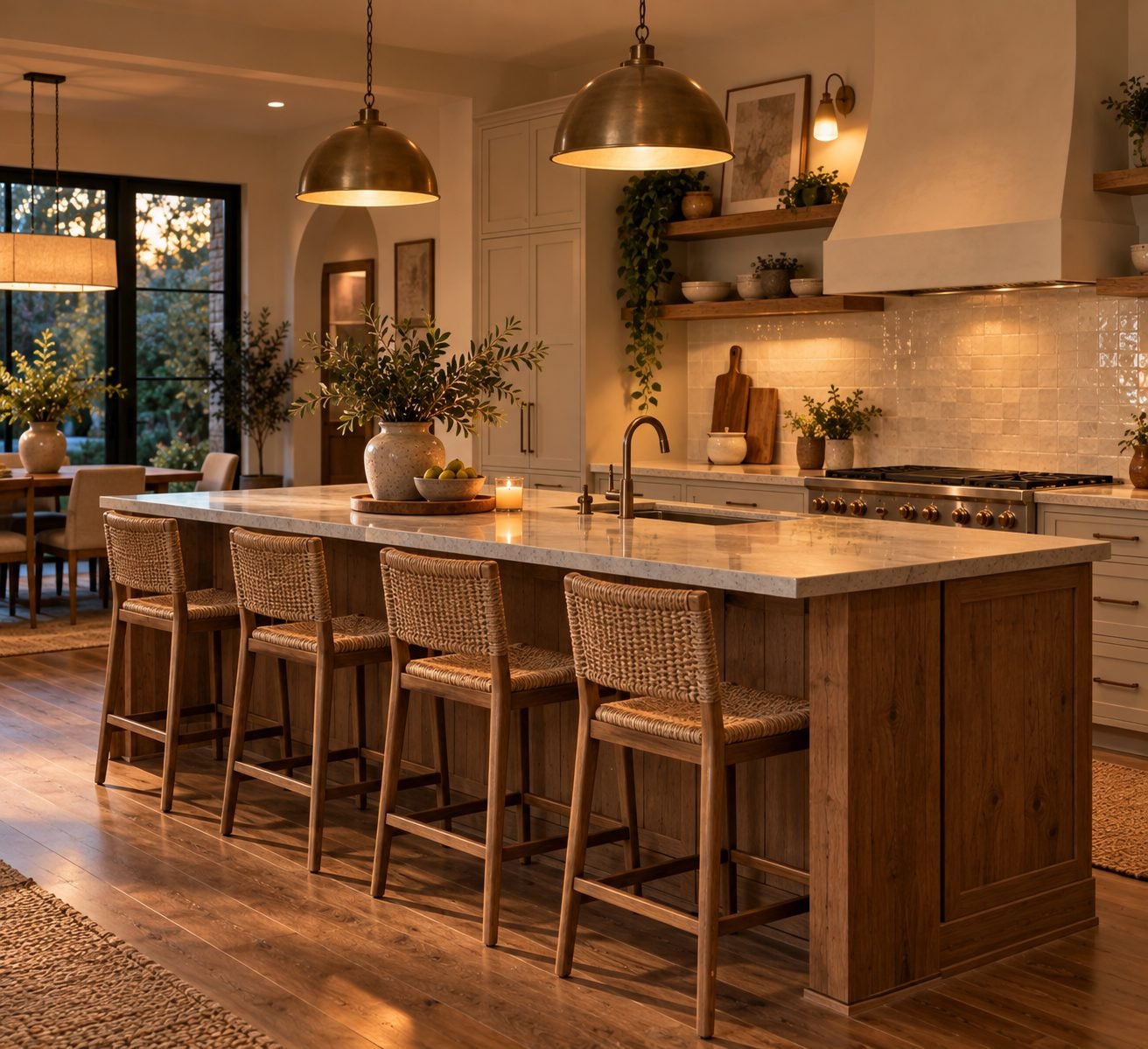A kitchen island with stools pulled up, warm pendant lighting overhead, set up as the natural gathering spot in the home