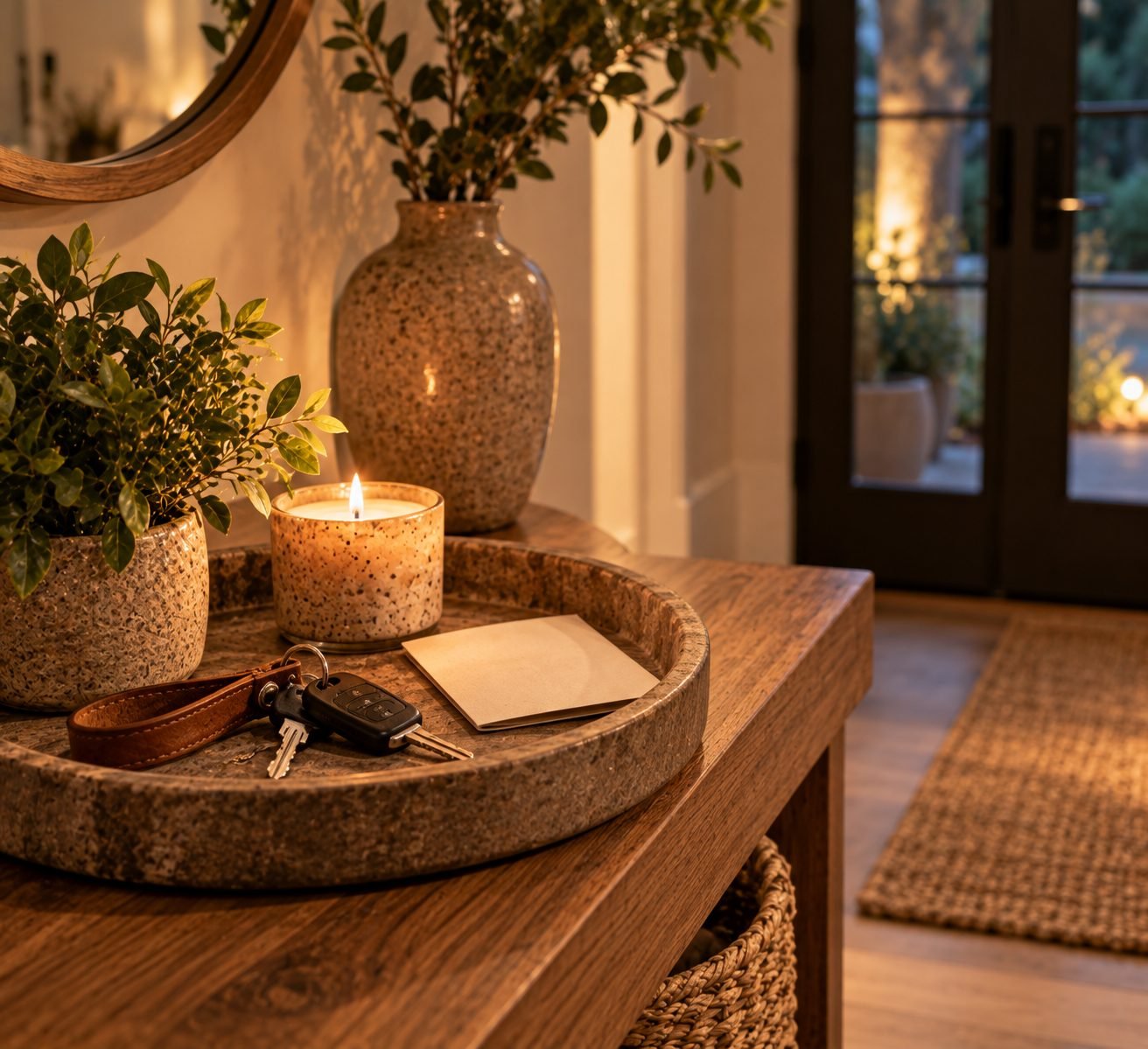 A close-up of an entryway tray holding keys, a small candle, and a folded note, styled as a calm landing spot by the door