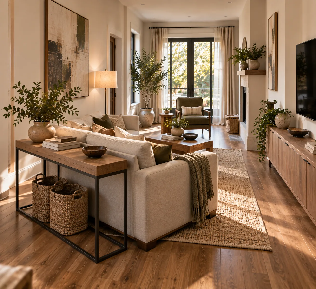A narrow living room with the sofa pulled a few inches off the wall and a slim console behind it, leaving open floor at both ends of the room
