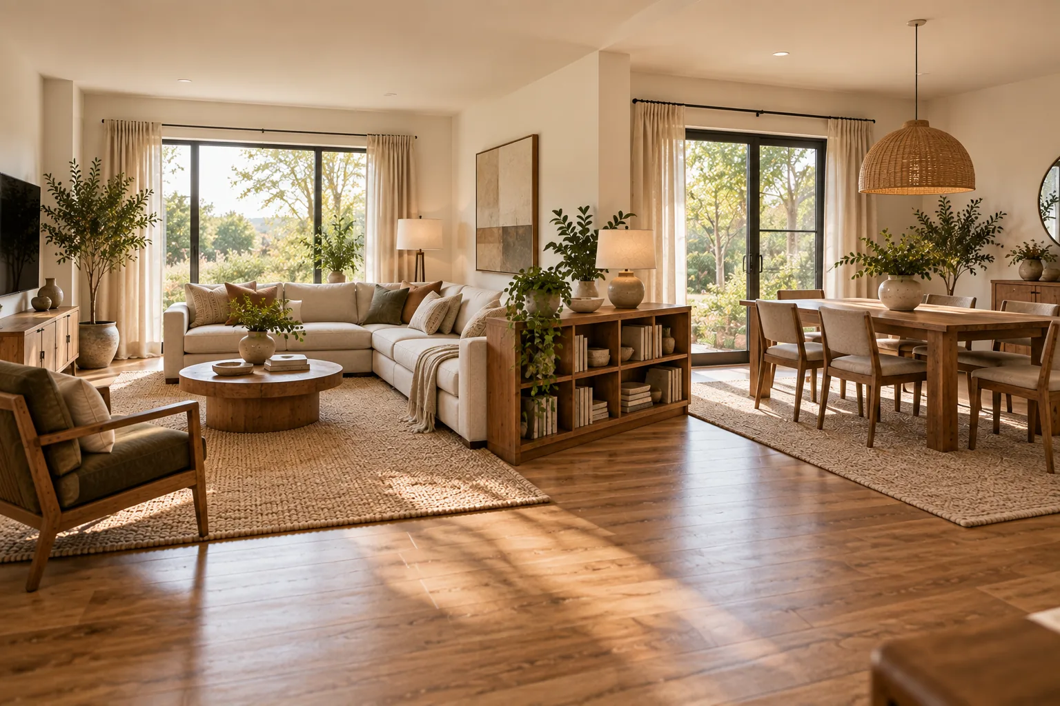 An L-shaped living and dining combination room with two separate rugs defining each zone and a low bookshelf marking the inside corner between them