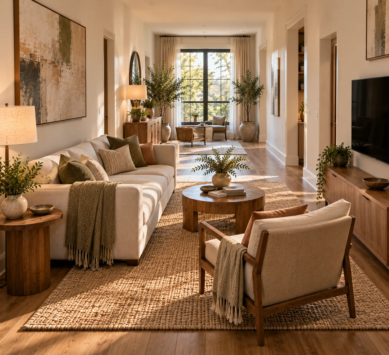 A narrow, long living room arranged thoughtfully with a sofa and armchair placed perpendicular to the room's length