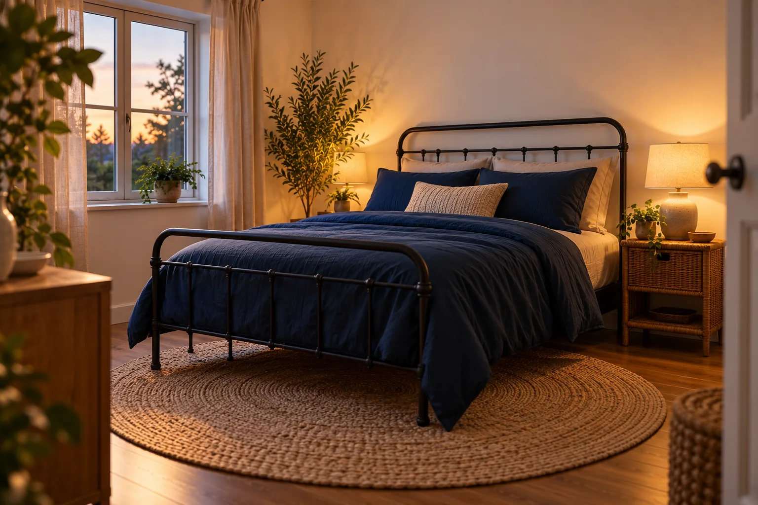 A calm, restful bedroom with layered warm lighting, a rug under the bed, and minimal visible clutter