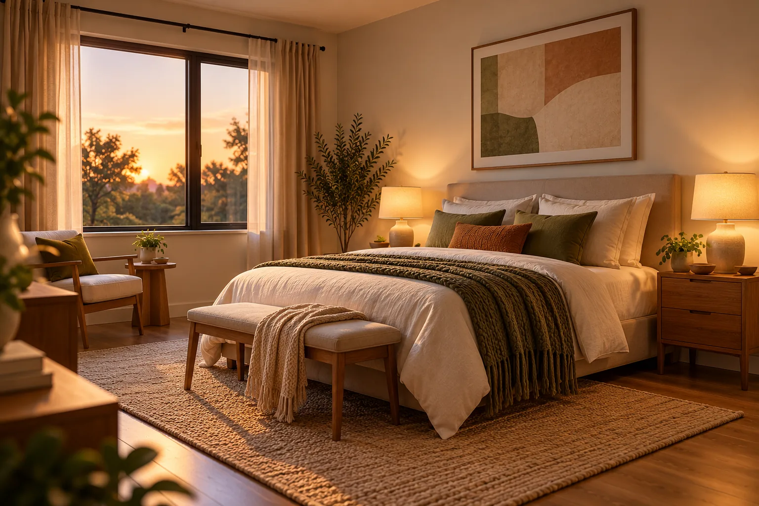 A calm, well-styled bedroom with a made bed and a table lamp glowing warmly beside it