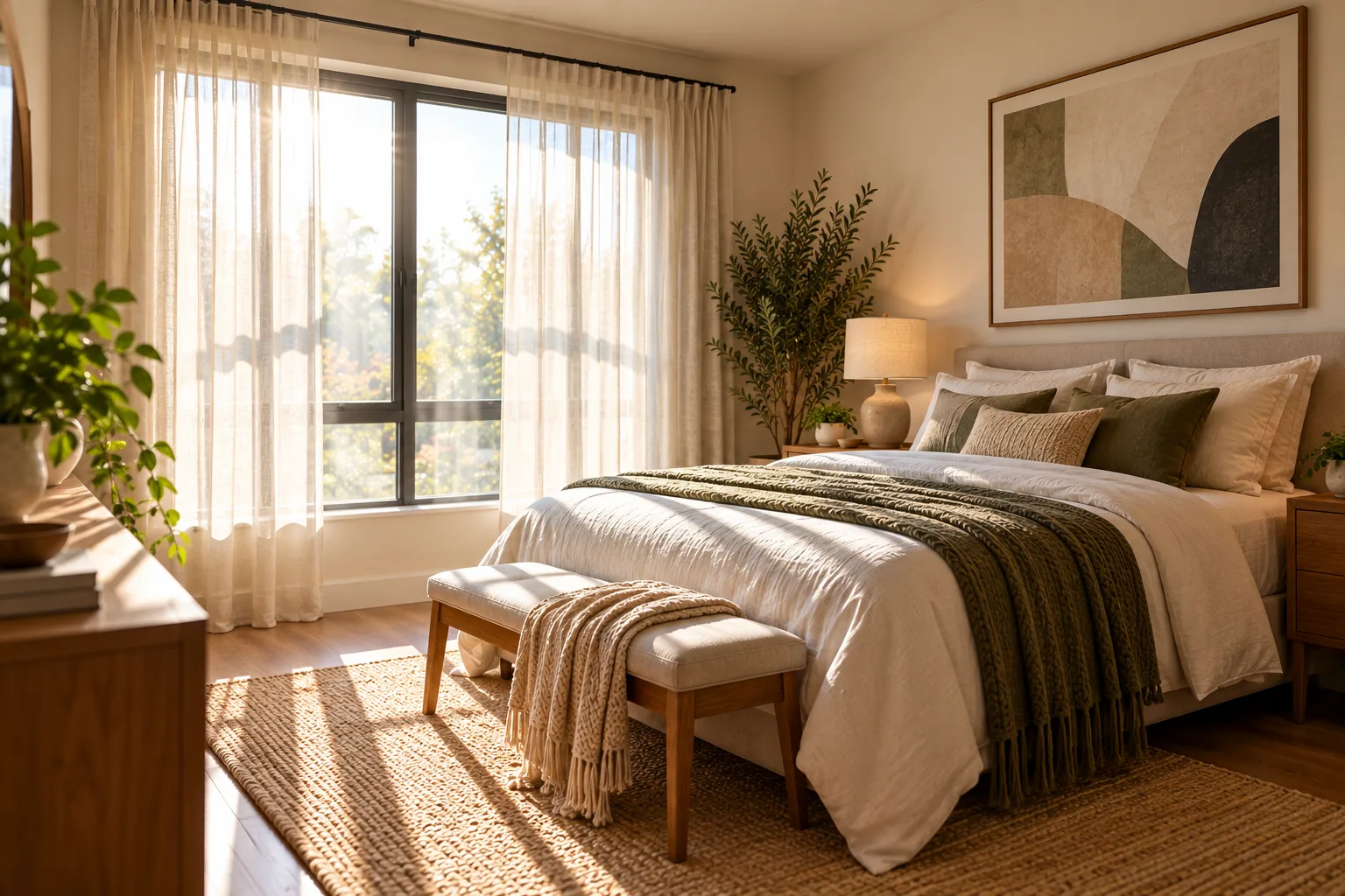 A styled bedroom with sheer curtains letting in bright morning light across the bed