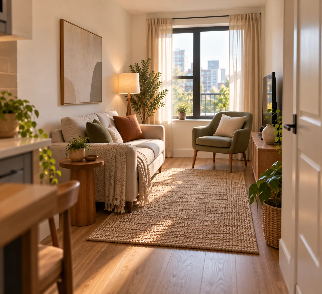 A small apartment living room with a correctly scaled sofa and one accent chair, leaving clear walkway space, instead of an oversized sectional