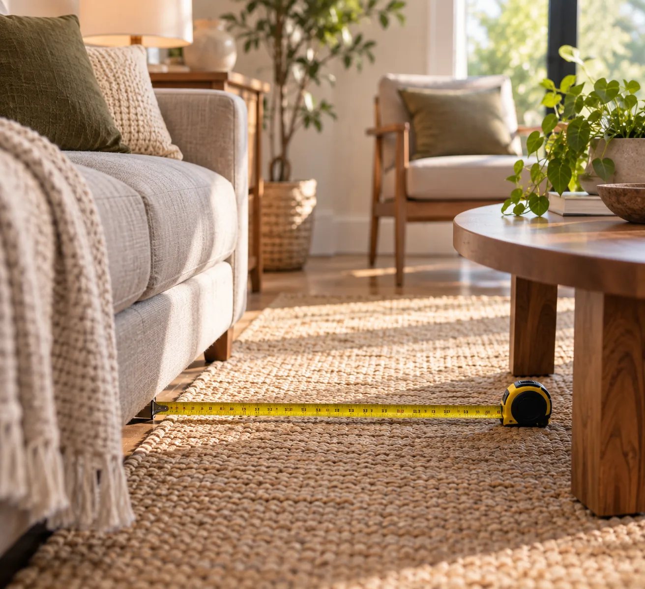 A tape measure extended across a living room floor between a sofa and a coffee table, checking walkway clearance before a furniture purchase