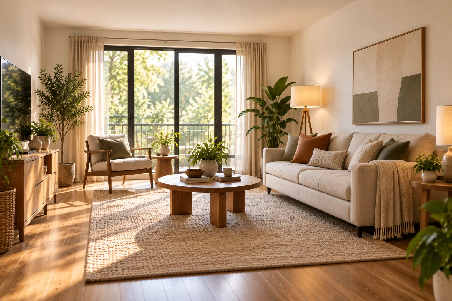 A living room where every piece of furniture — sofa, accent chair, and coffee table — is correctly scaled with clear walkway space around it