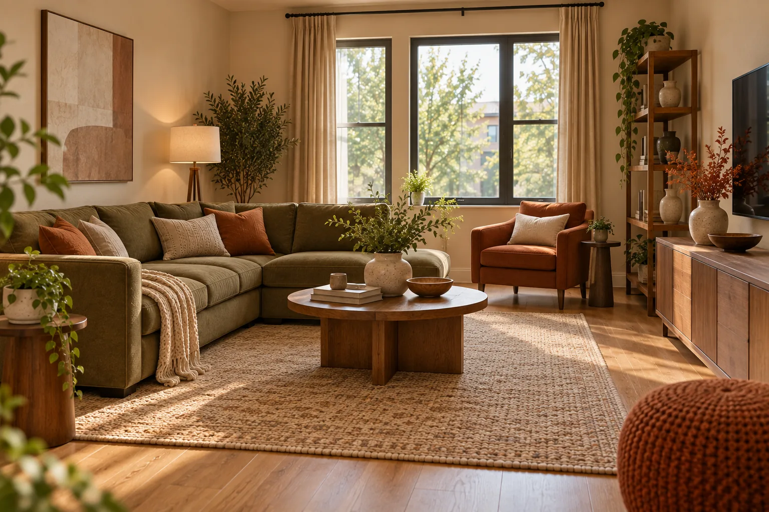 A living room with an evident, cohesive color story — warm neutral wall, olive secondary, one bold rust accent